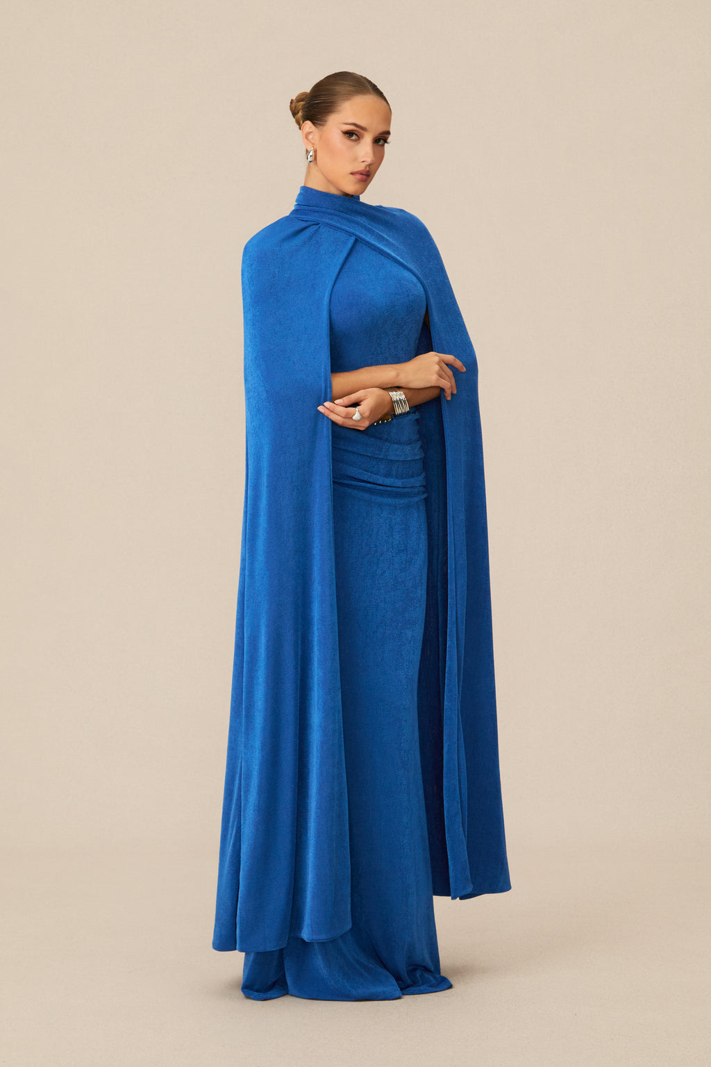 Dramatic Stunner Blue Maxi Dress With Cape Sleeves