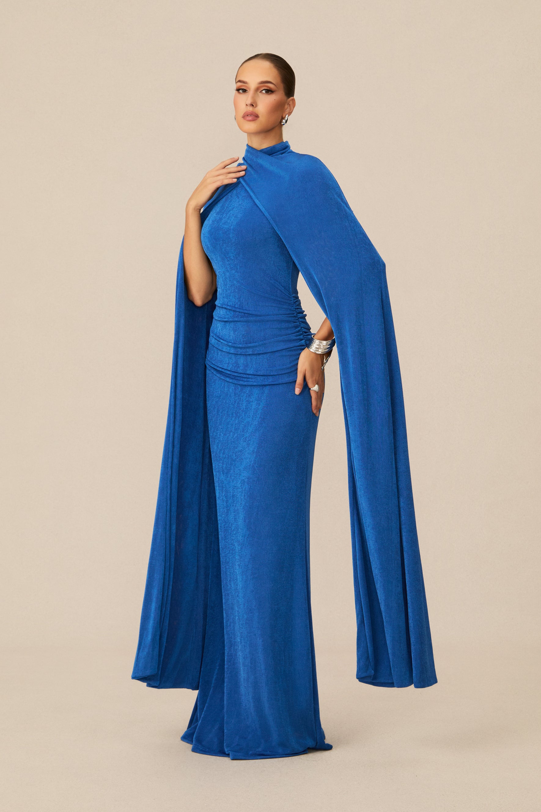 Dramatic Stunner Blue Maxi Dress With Cape Sleeves