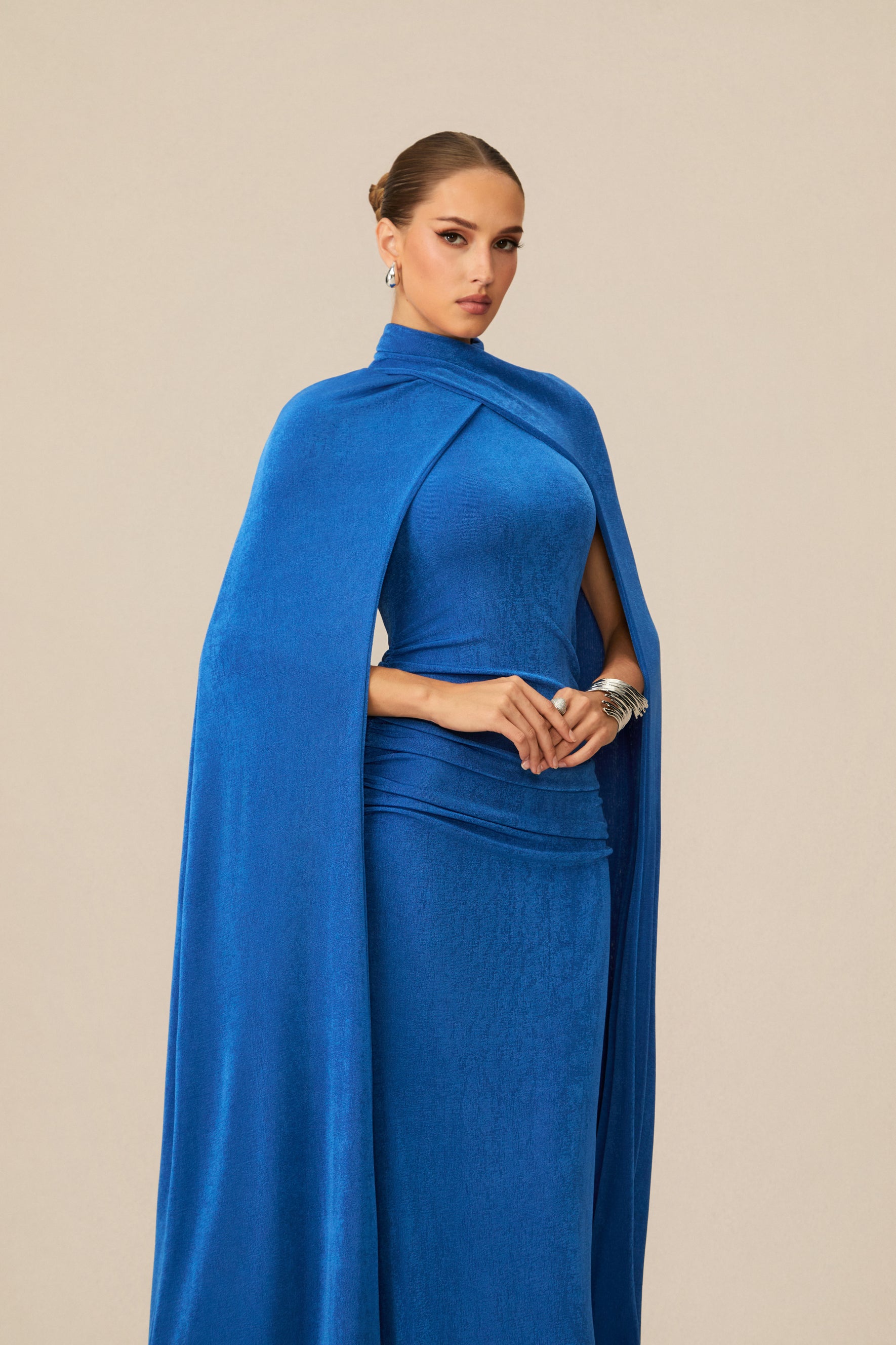 Dramatic Stunner Blue Maxi Dress With Cape Sleeves