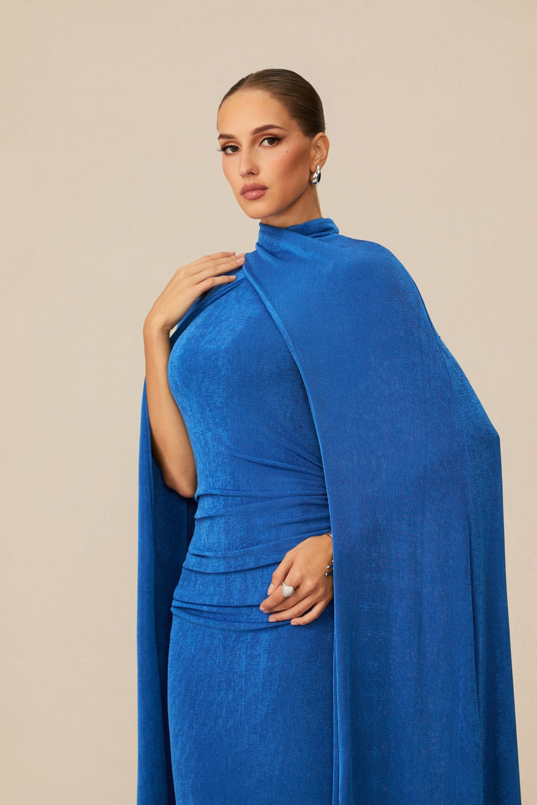 Dramatic Stunner Blue Maxi Dress With Cape Sleeves