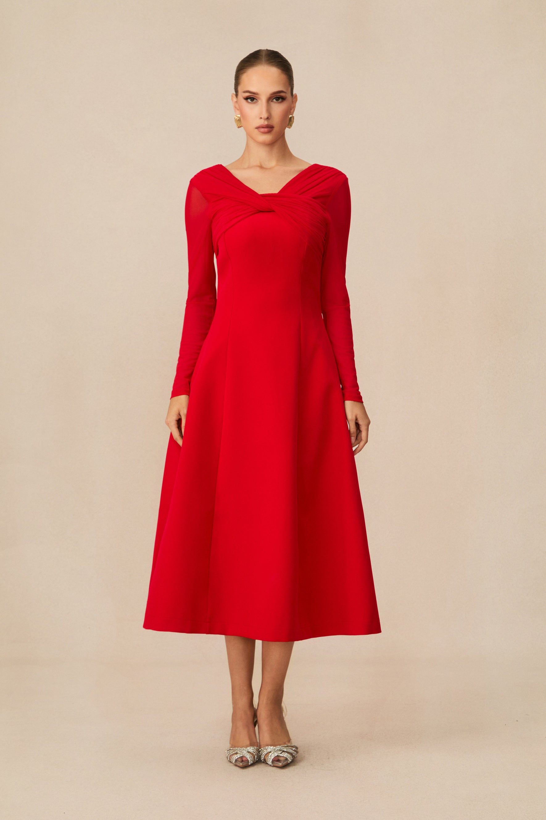 Striking Red Midi Dress With Twisted Front