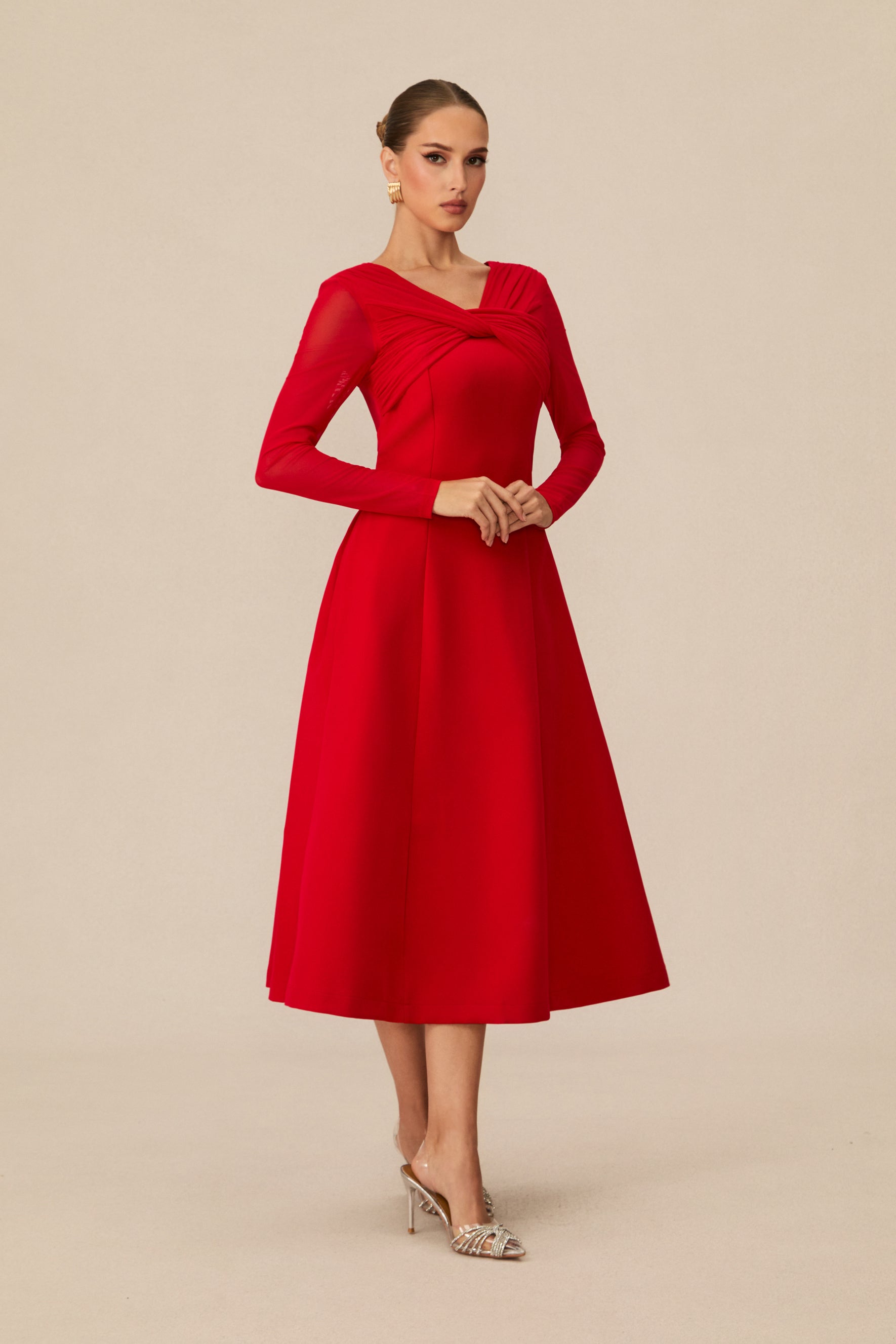Striking Red Midi Dress With Twisted Front