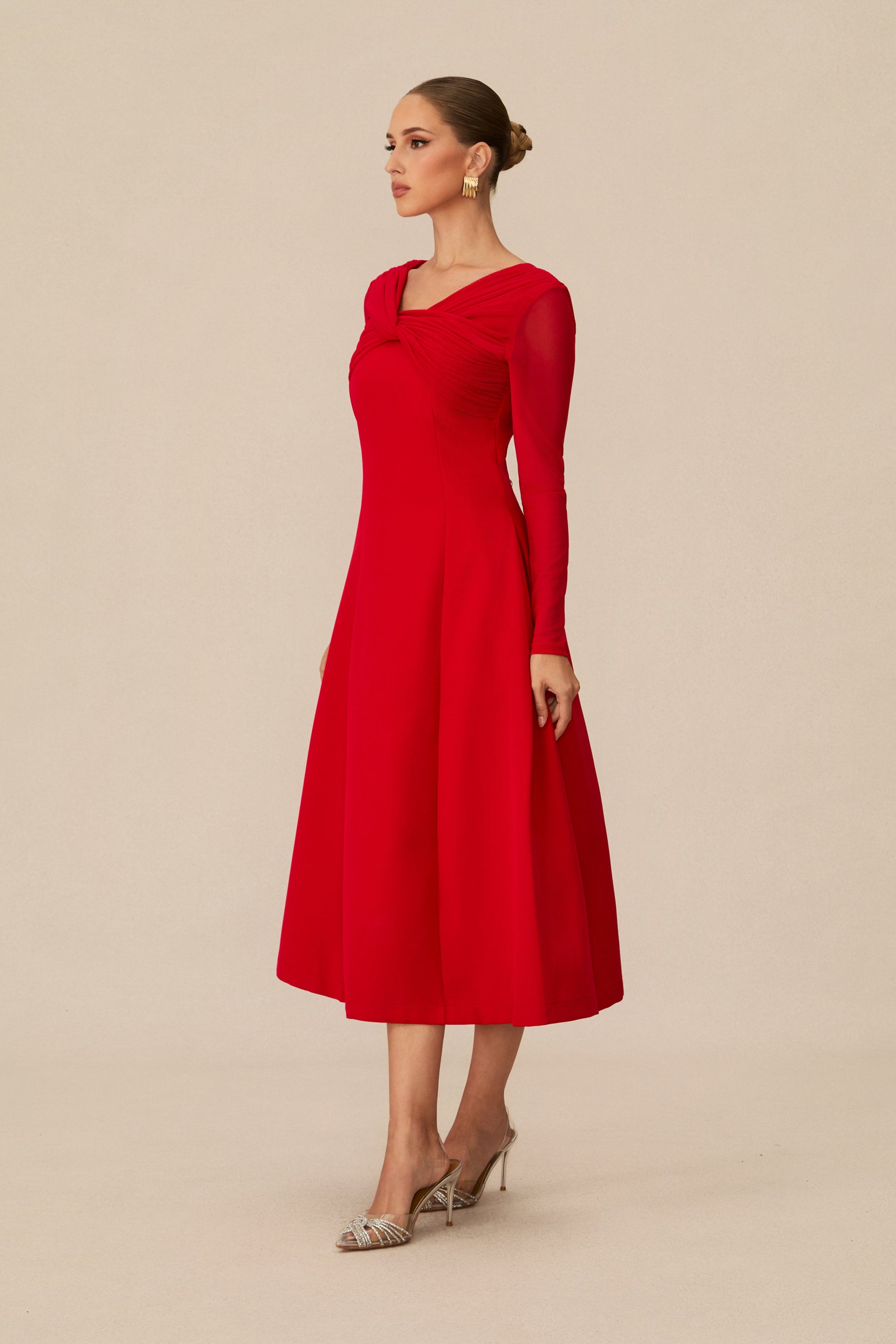 Striking Red Midi Dress With Twisted Front