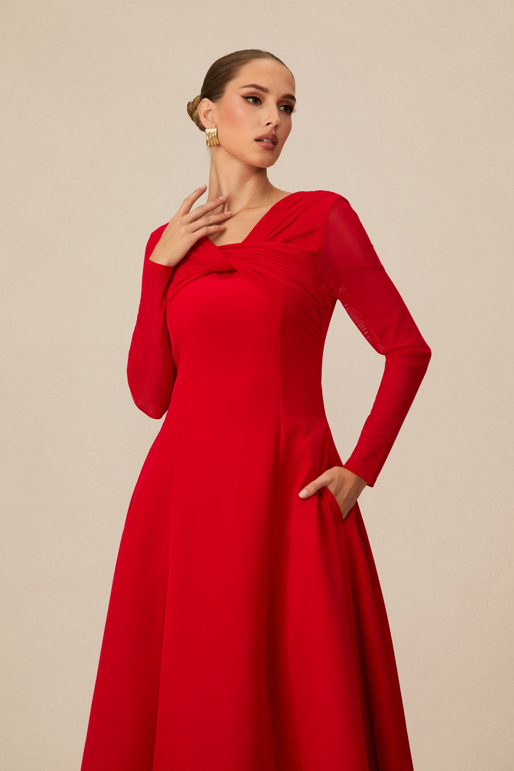 Striking Red Midi Dress With Twisted Front