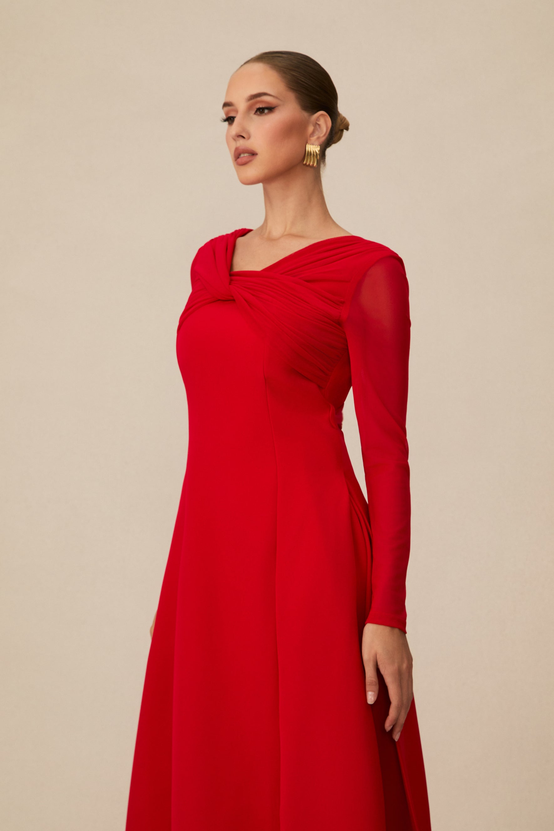 Striking Red Midi Dress With Twisted Front