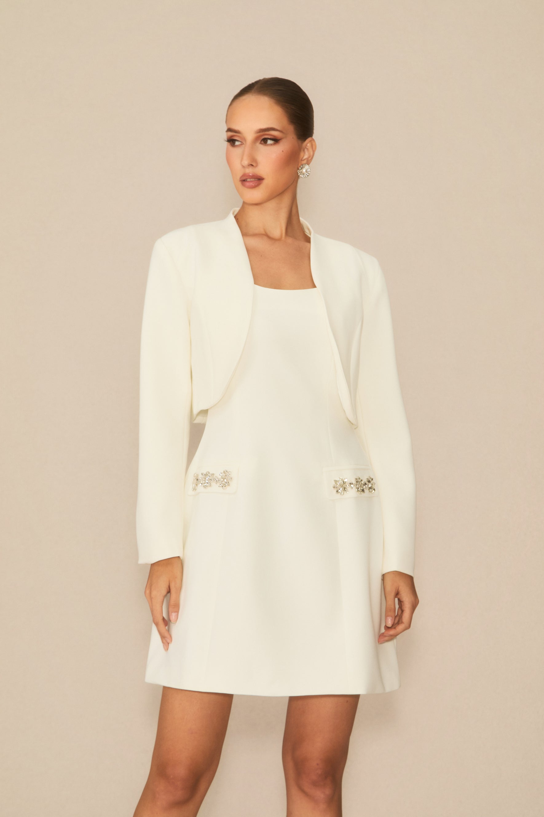Flawless Confidence White Crystal Trim Mini Dress & Cropped Blazer Set