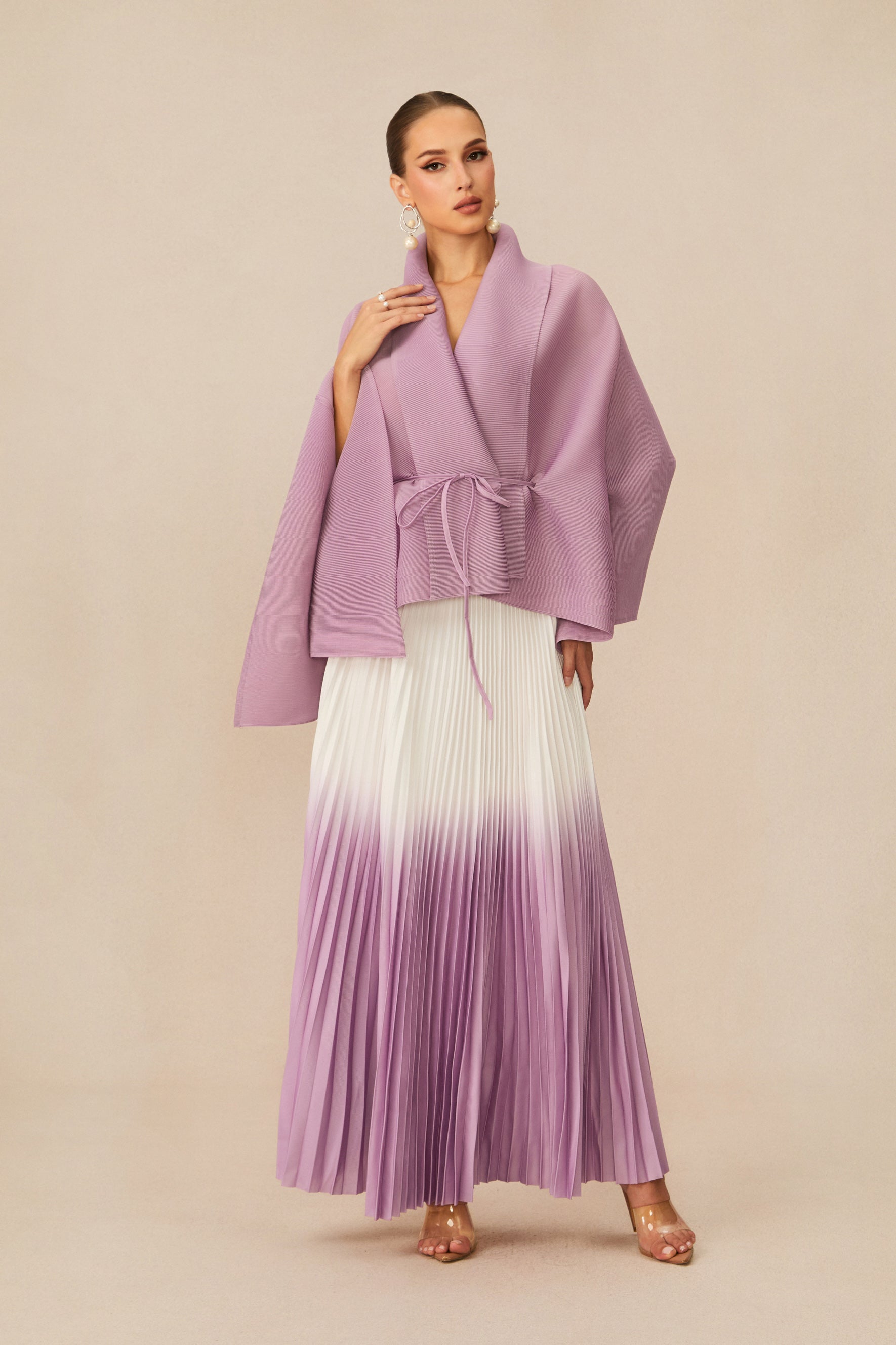 Pleasing Purple Wrap Top & Gradient Pleated Skirt Set