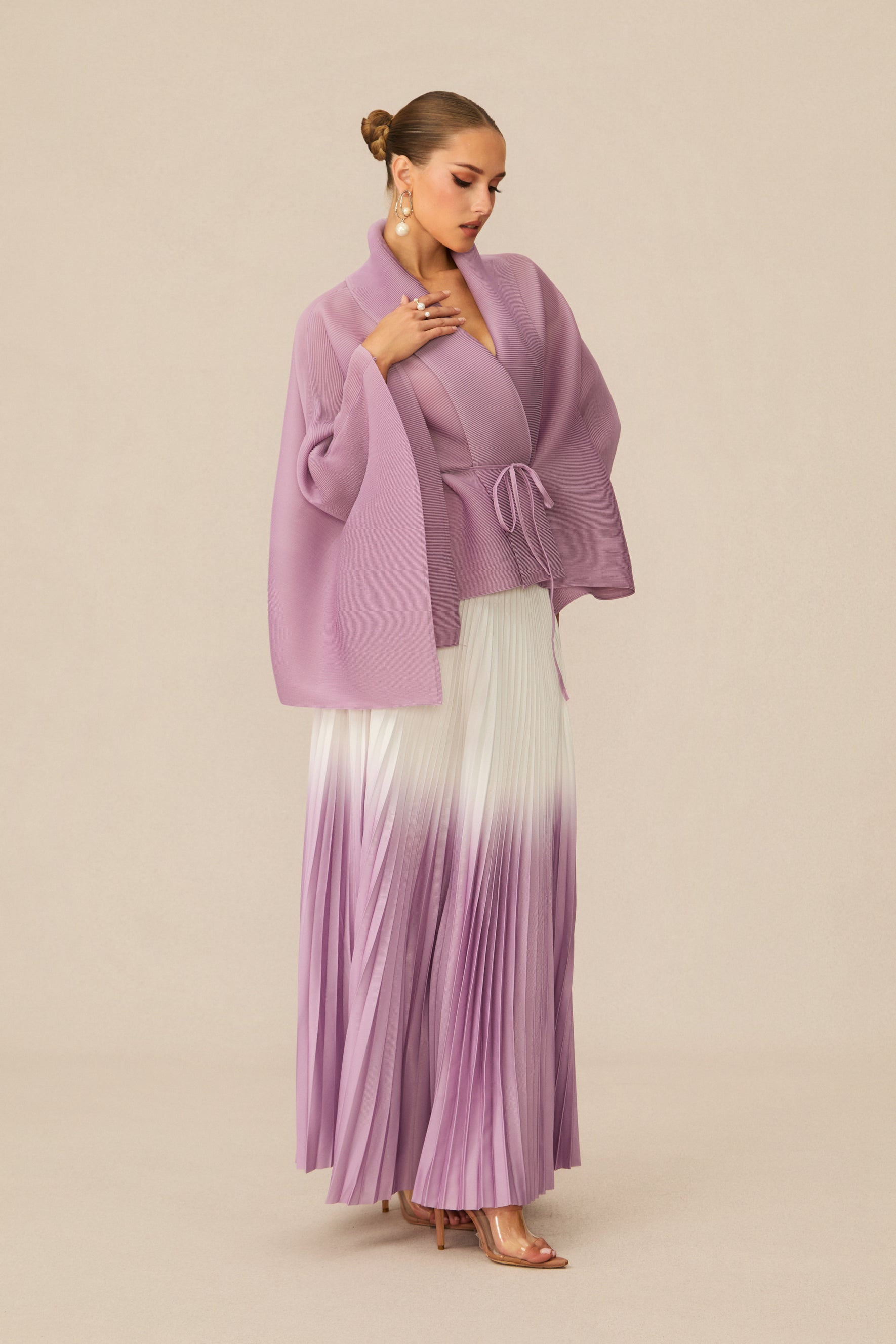 Pleasing Purple Wrap Top & Gradient Pleated Skirt Set