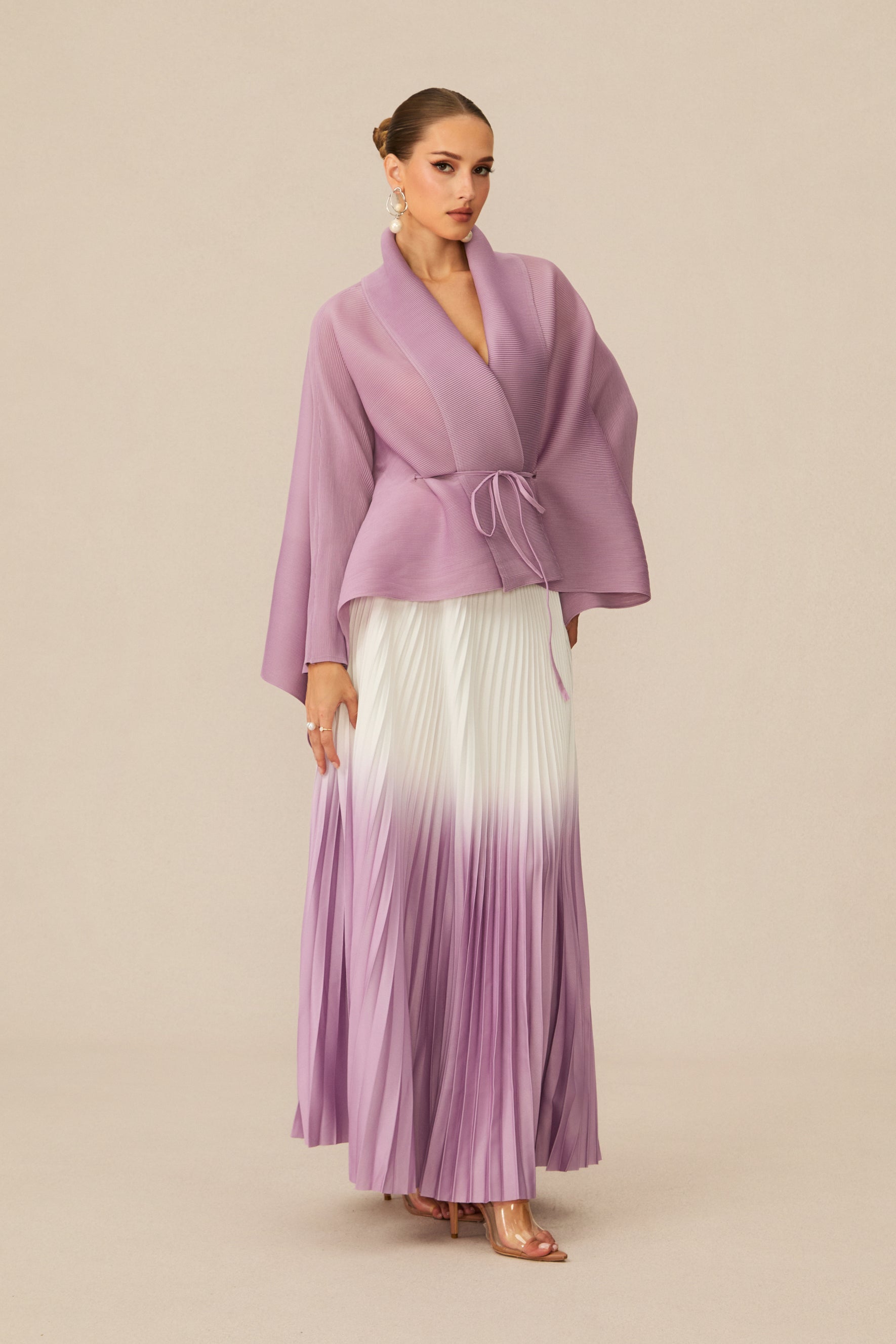 Pleasing Purple Wrap Top & Gradient Pleated Skirt Set