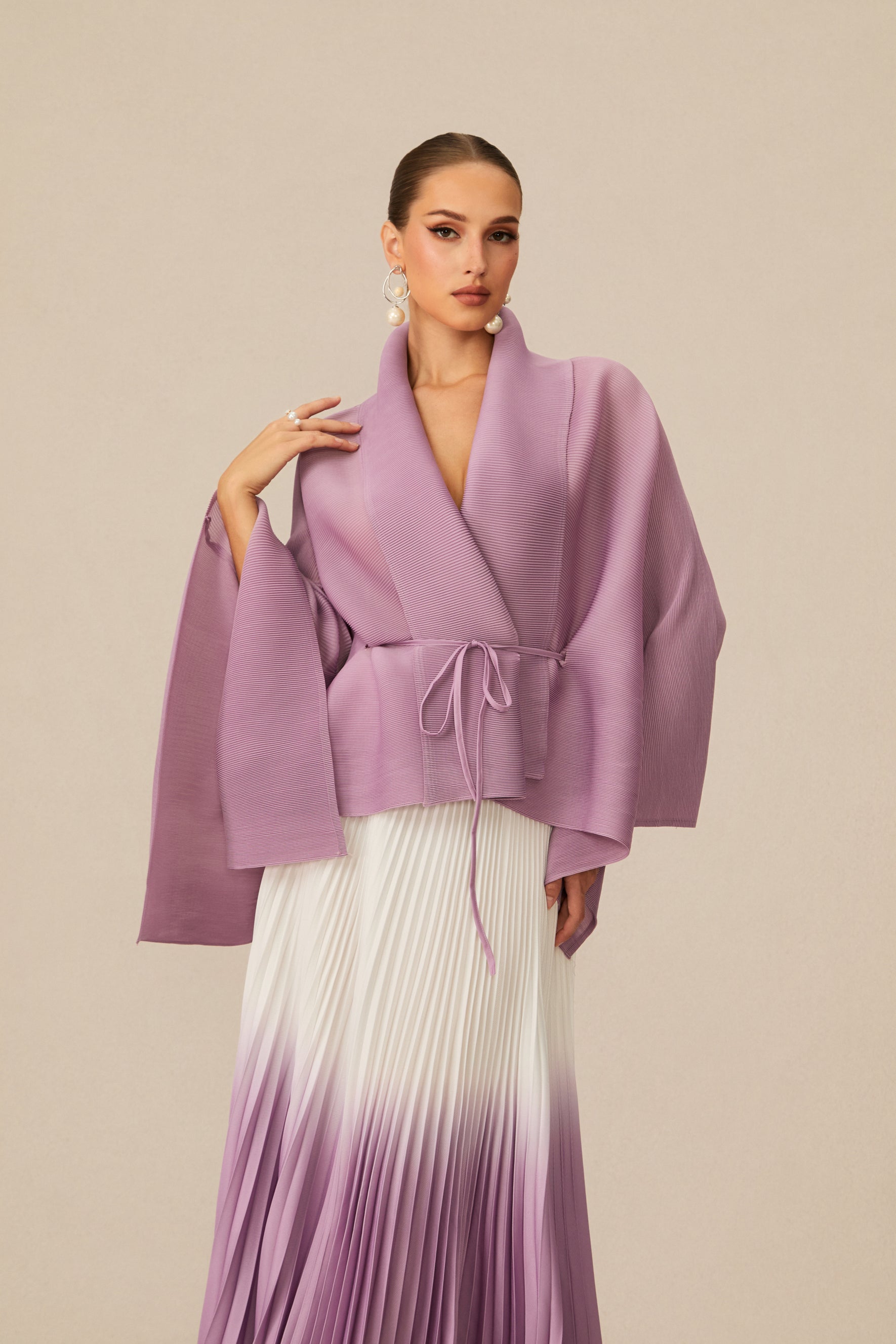Pleasing Purple Wrap Top & Gradient Pleated Skirt Set