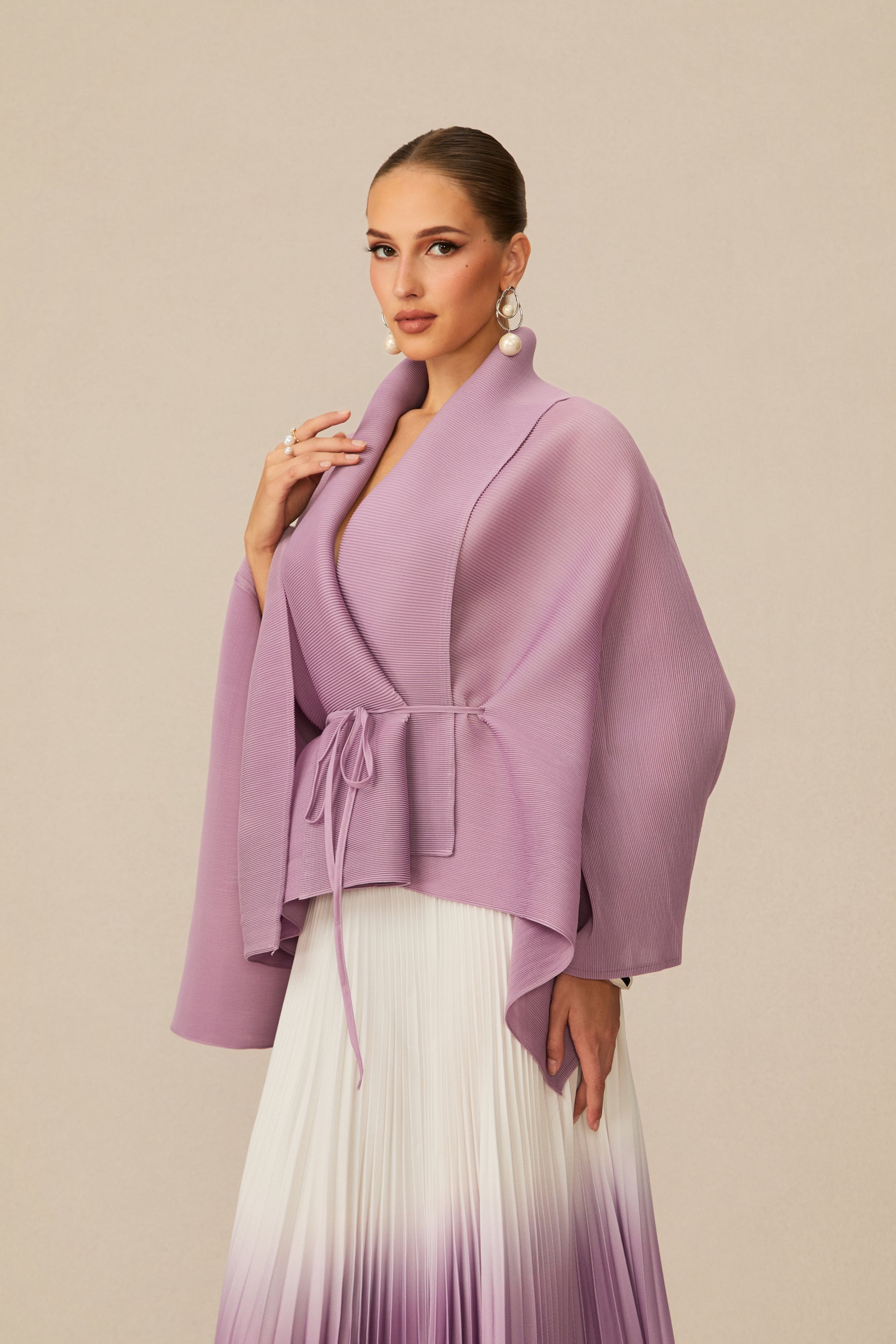 Pleasing Purple Wrap Top & Gradient Pleated Skirt Set