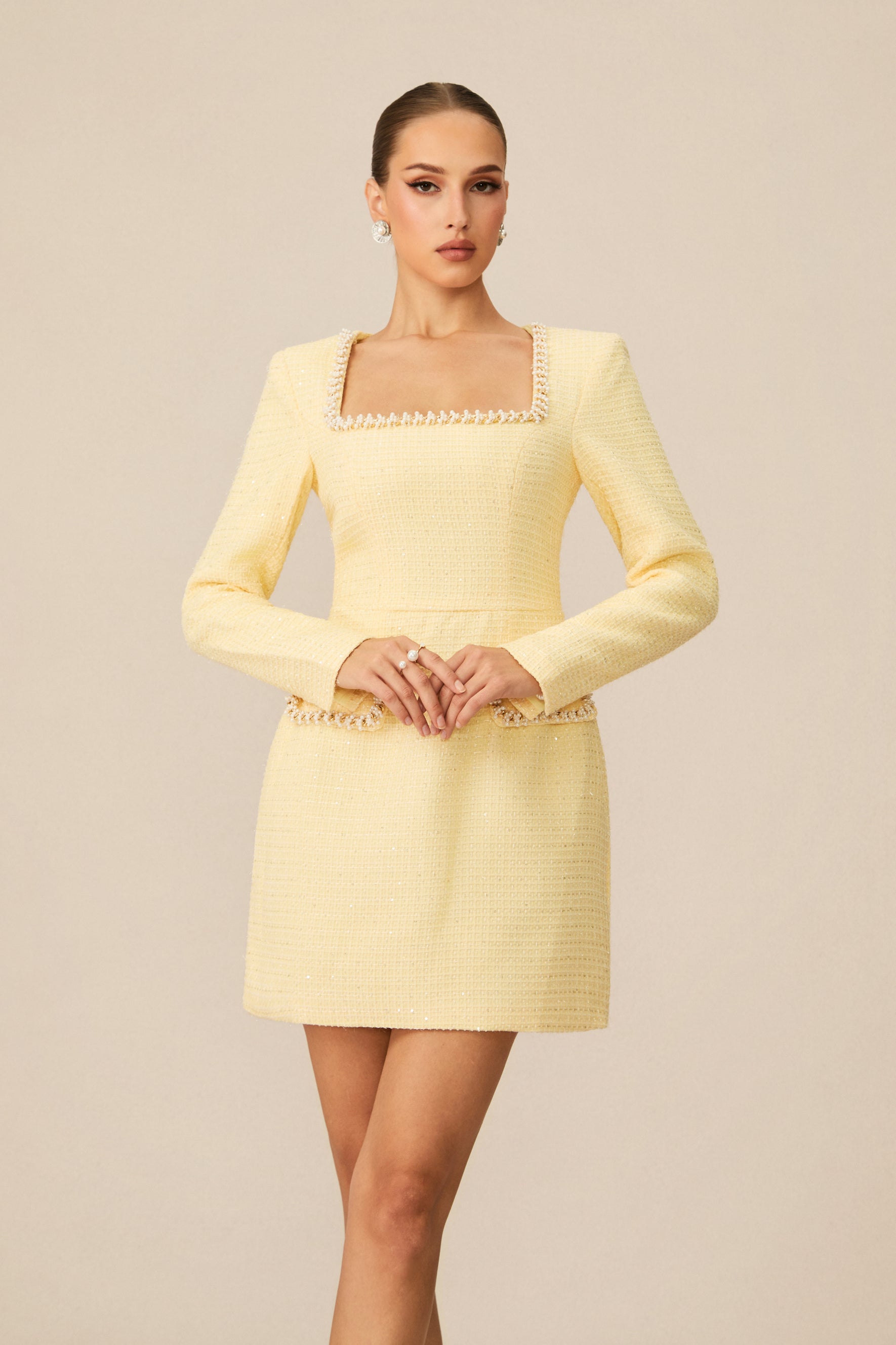 Isabela Tweed Mini Dress With Pearl Trim - Yellow