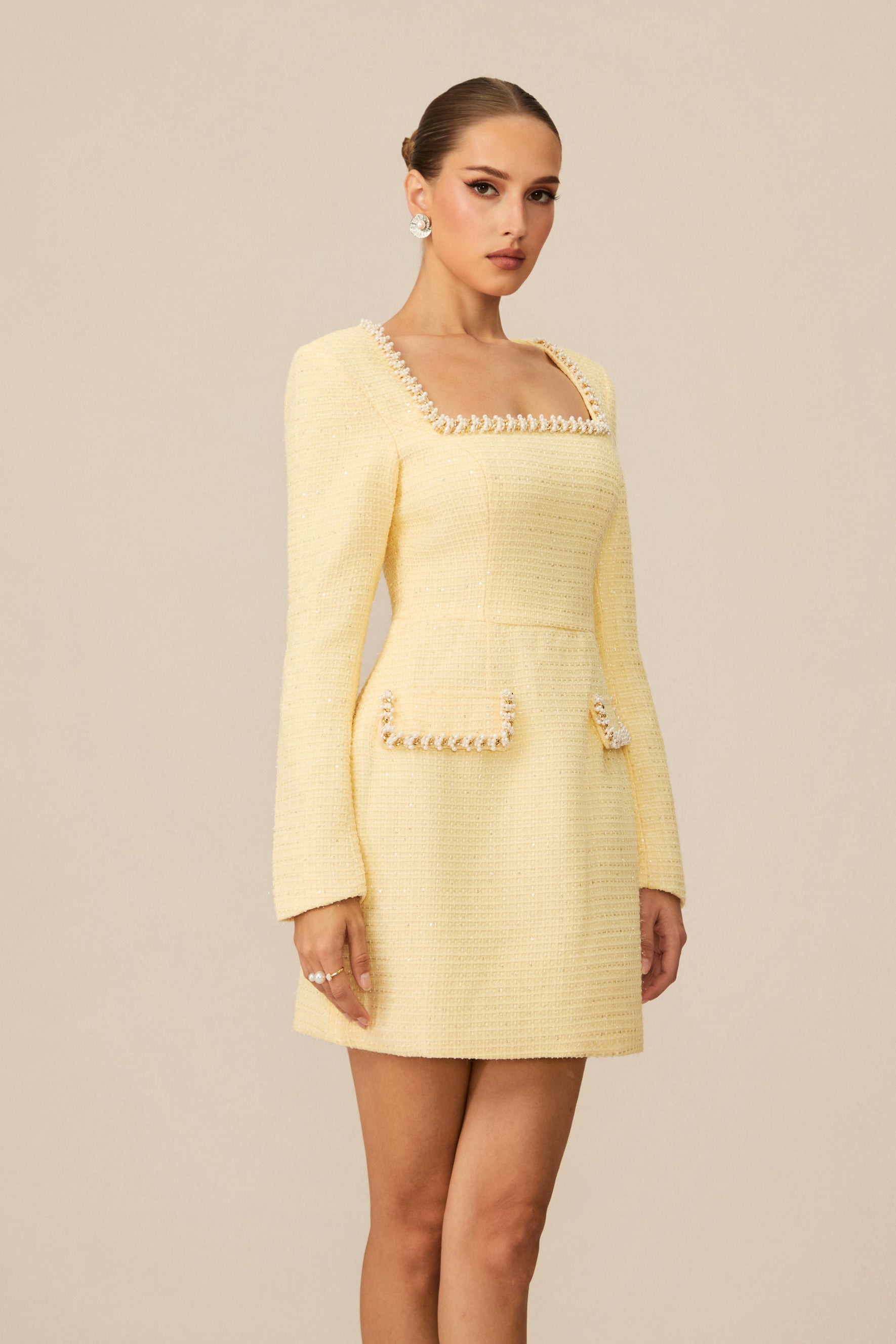 Isabela Tweed Mini Dress With Pearl Trim - Yellow