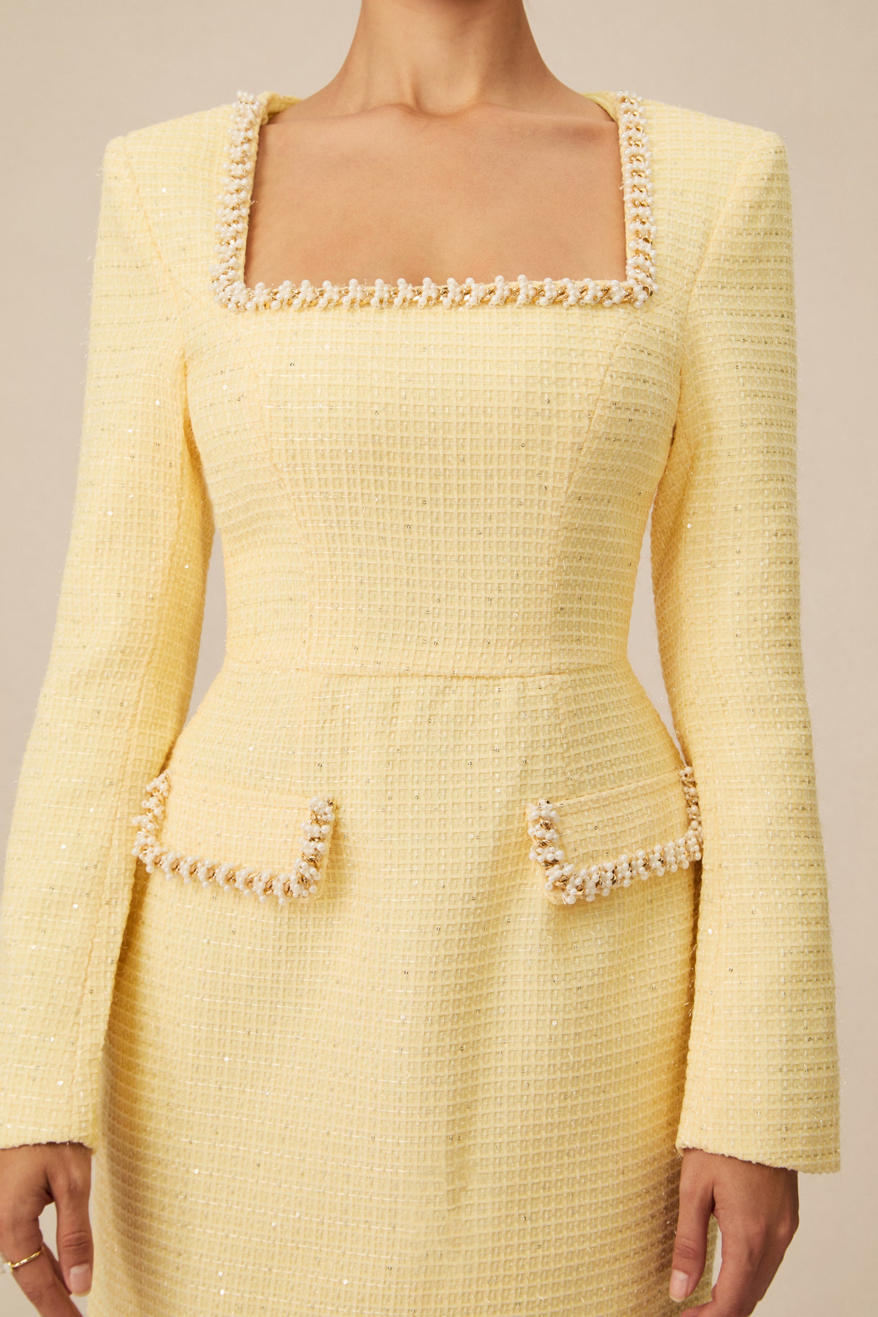 Isabela Tweed Mini Dress With Pearl Trim - Yellow
