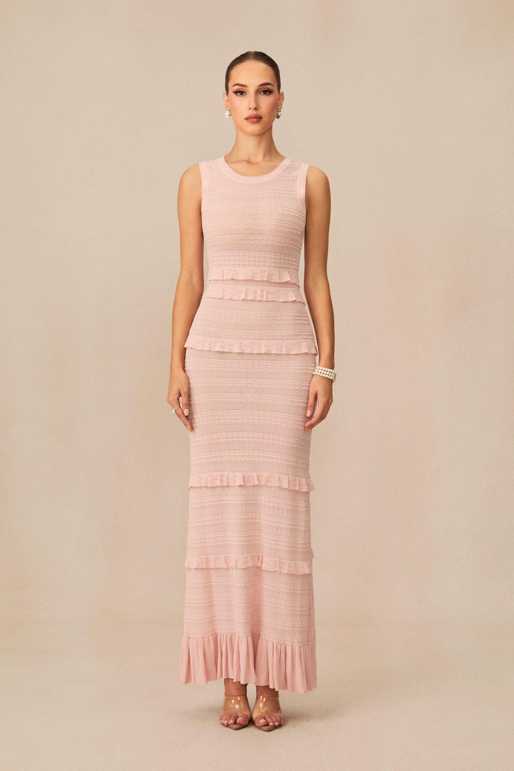 Cute Pink Knitted Maxi Dress and Cardigan Set