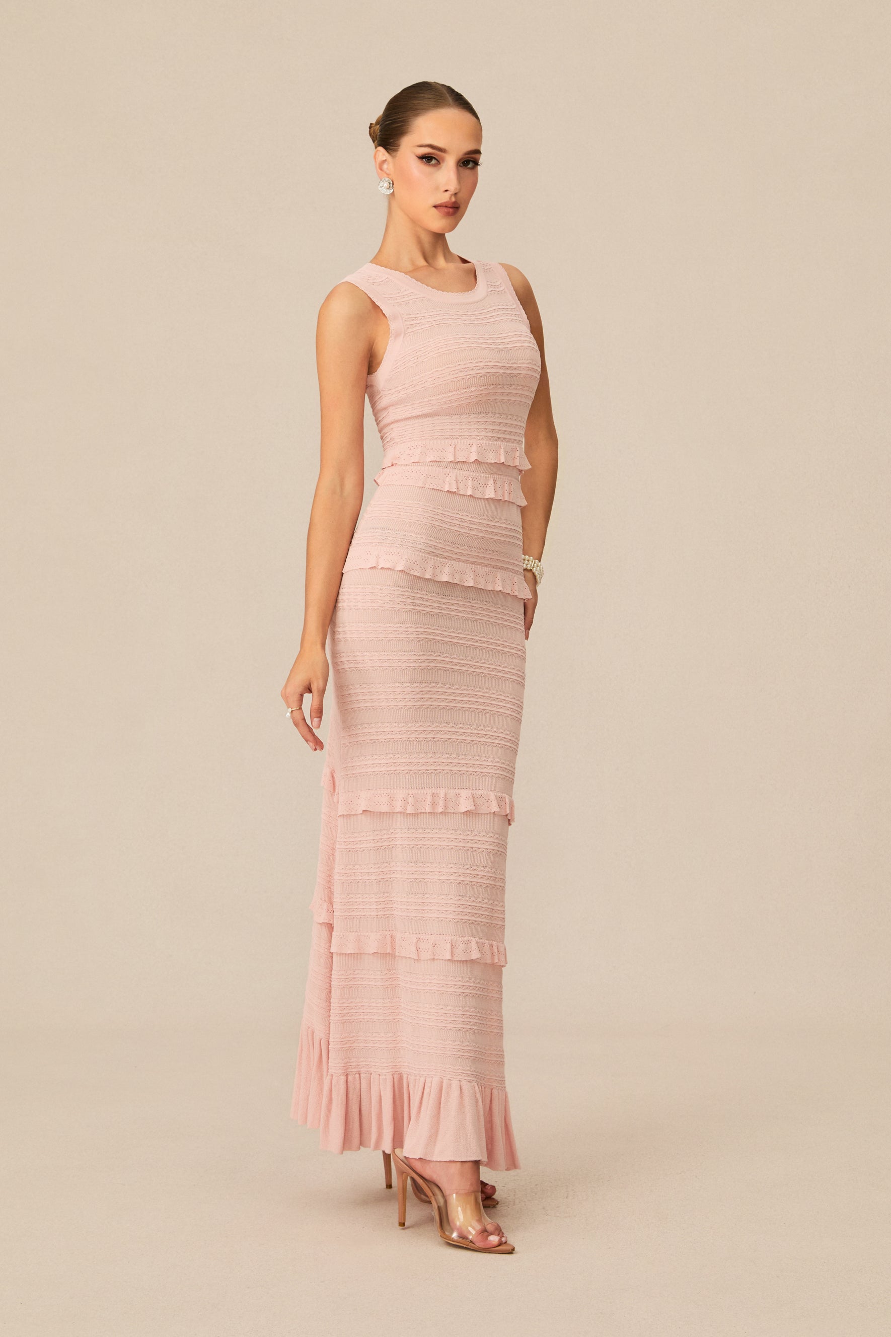 Cute Pink Knitted Maxi Dress and Cardigan Set