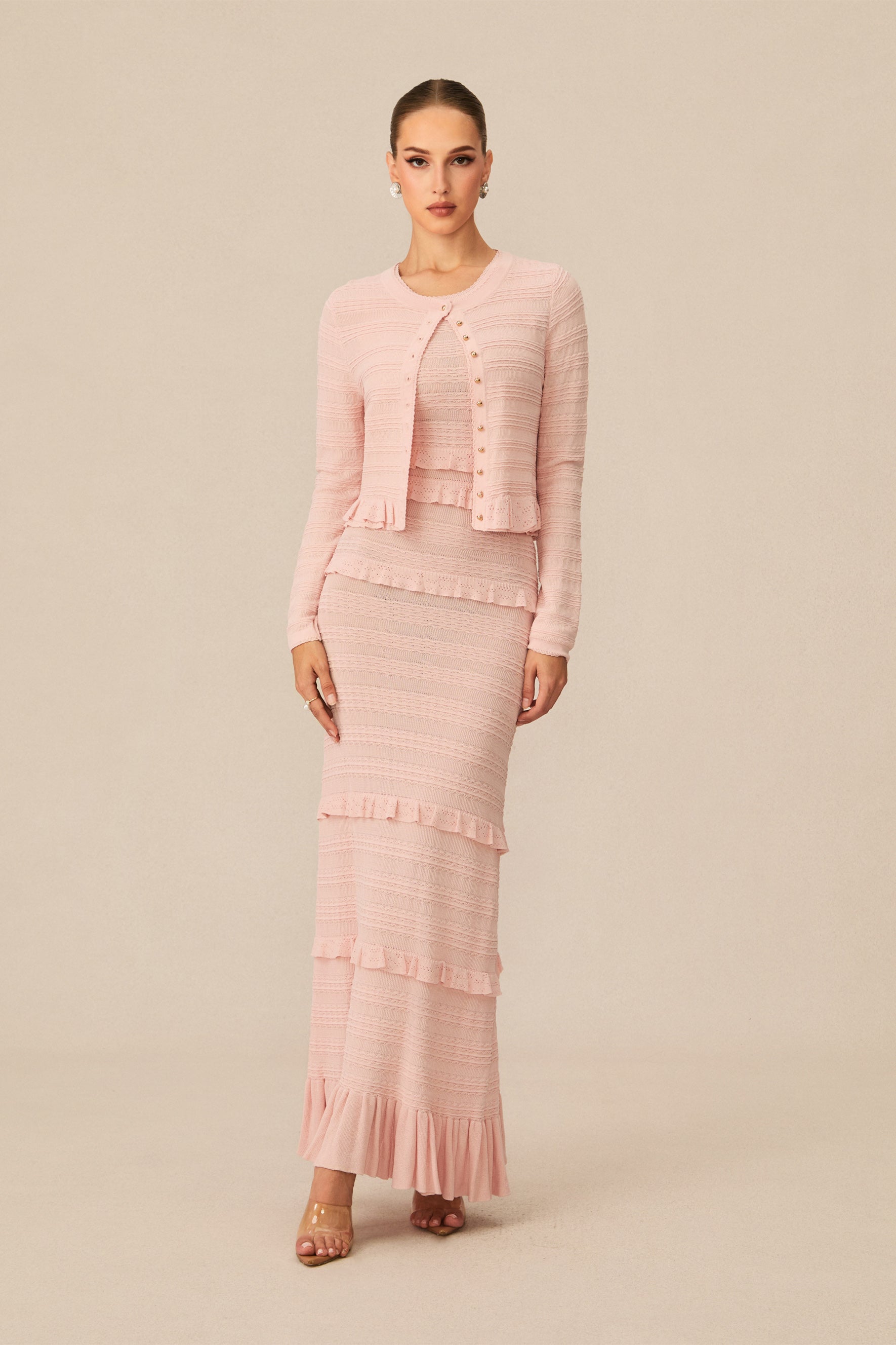 Cute Pink Knitted Maxi Dress and Cardigan Set