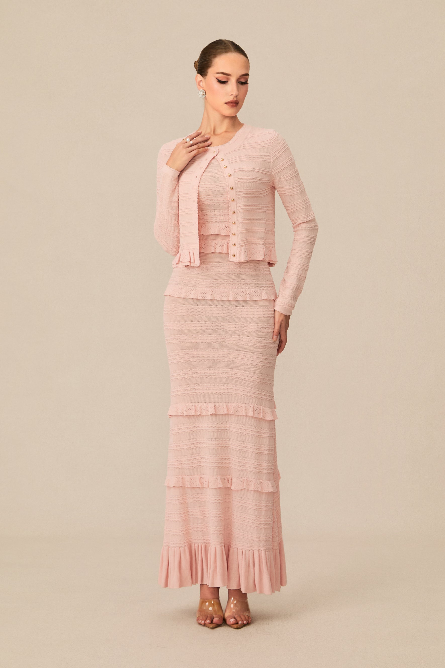 Cute Pink Knitted Maxi Dress and Cardigan Set