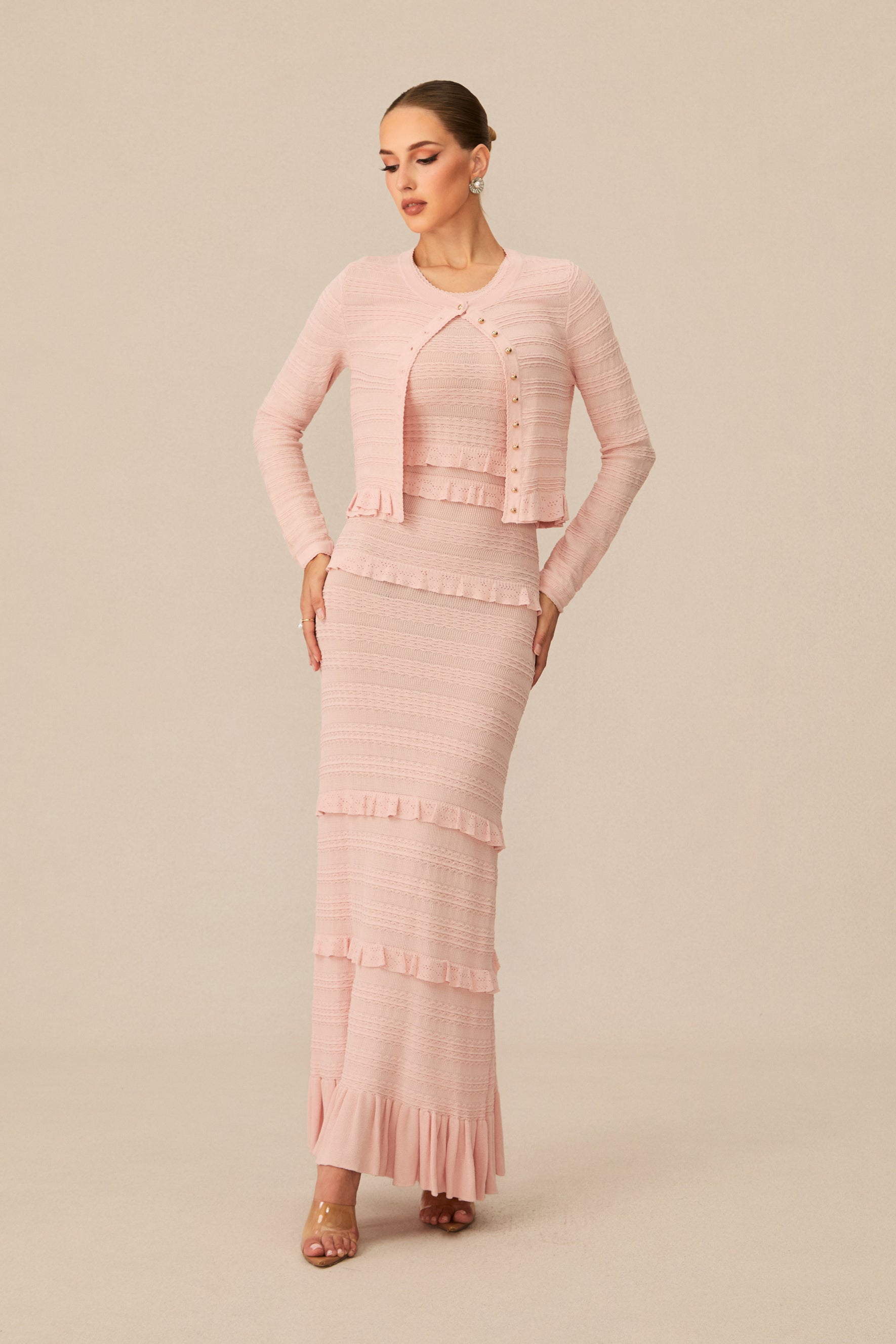 Cute Pink Knitted Maxi Dress and Cardigan Set