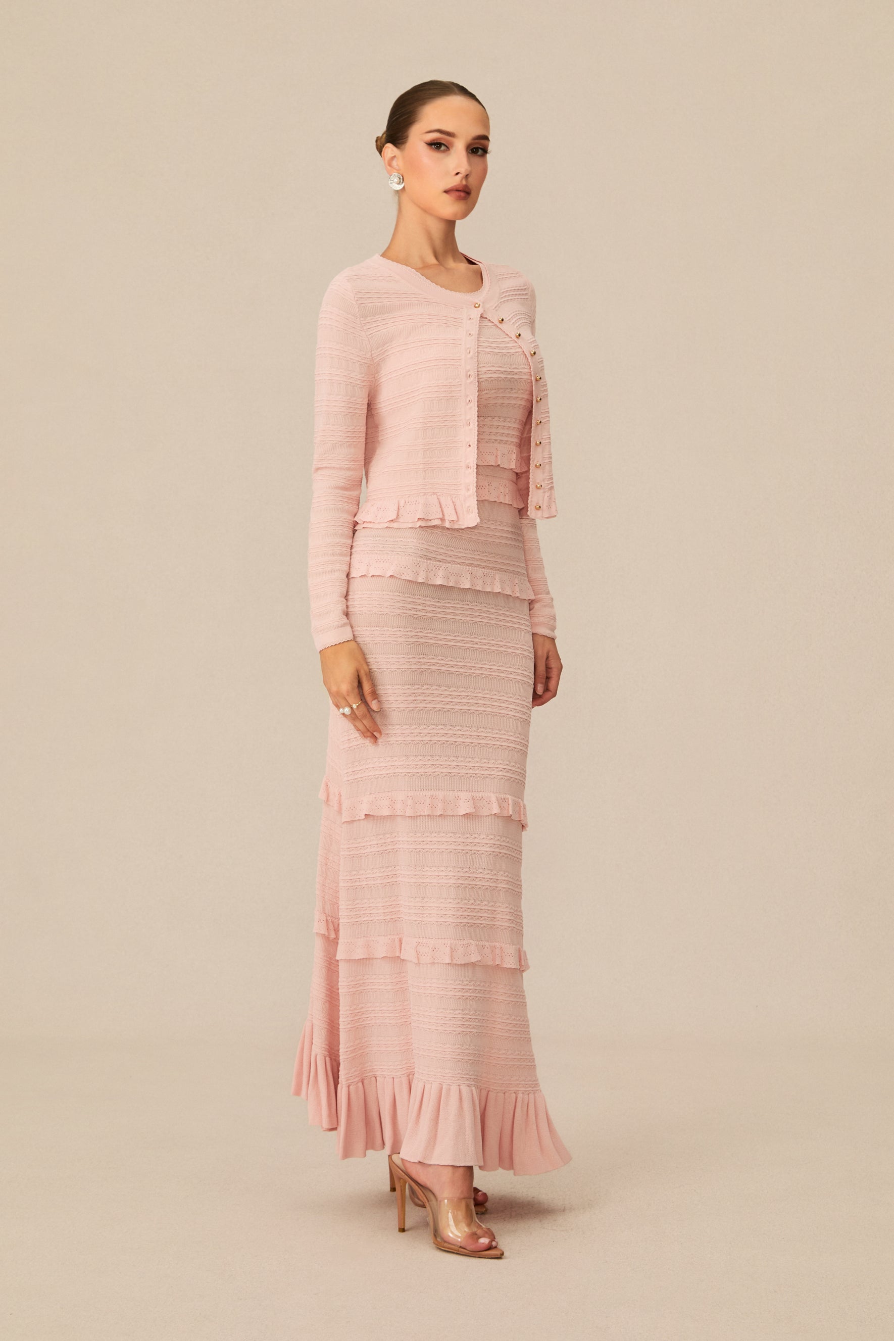 Cute Pink Knitted Maxi Dress and Cardigan Set