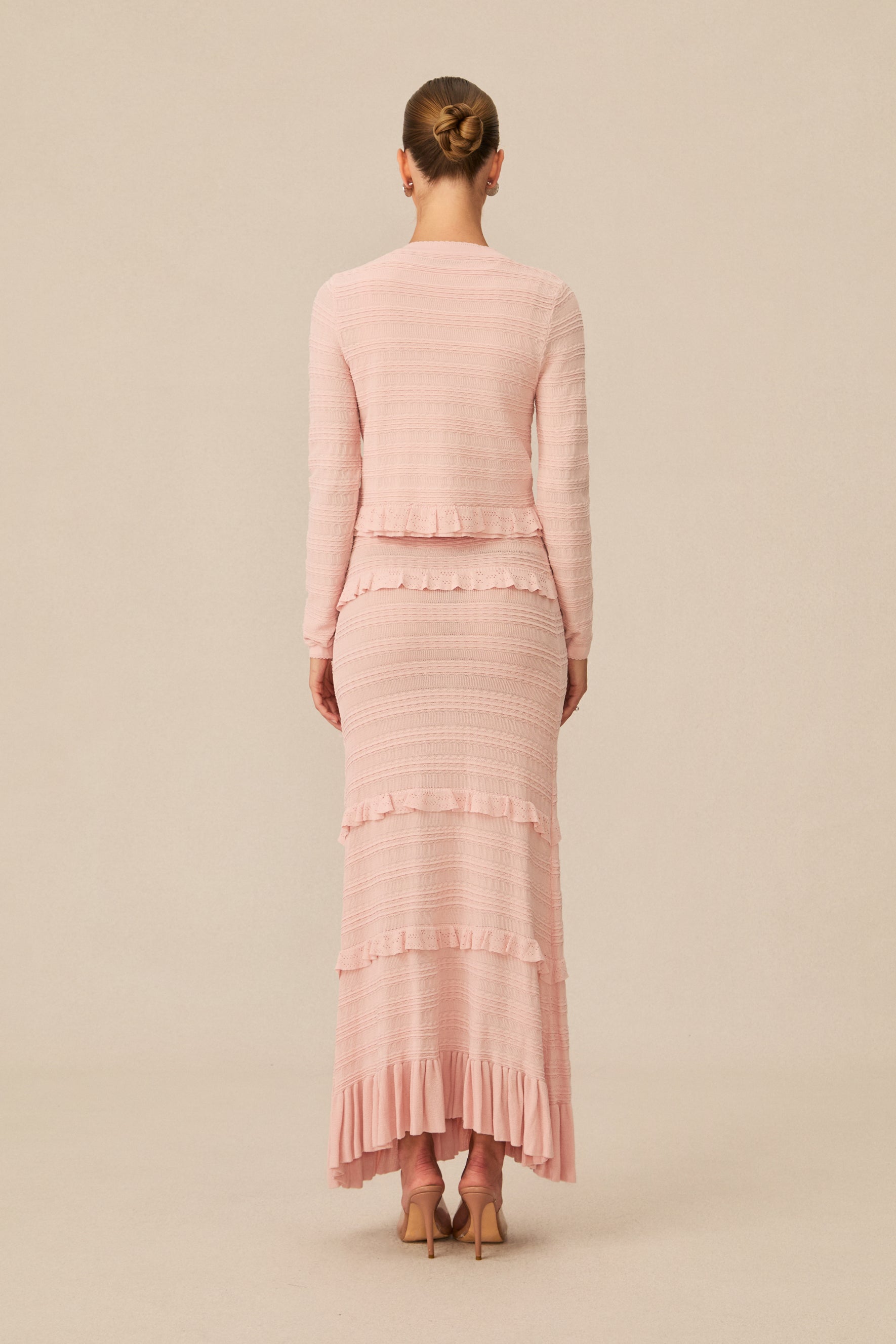 Cute Pink Knitted Maxi Dress and Cardigan Set