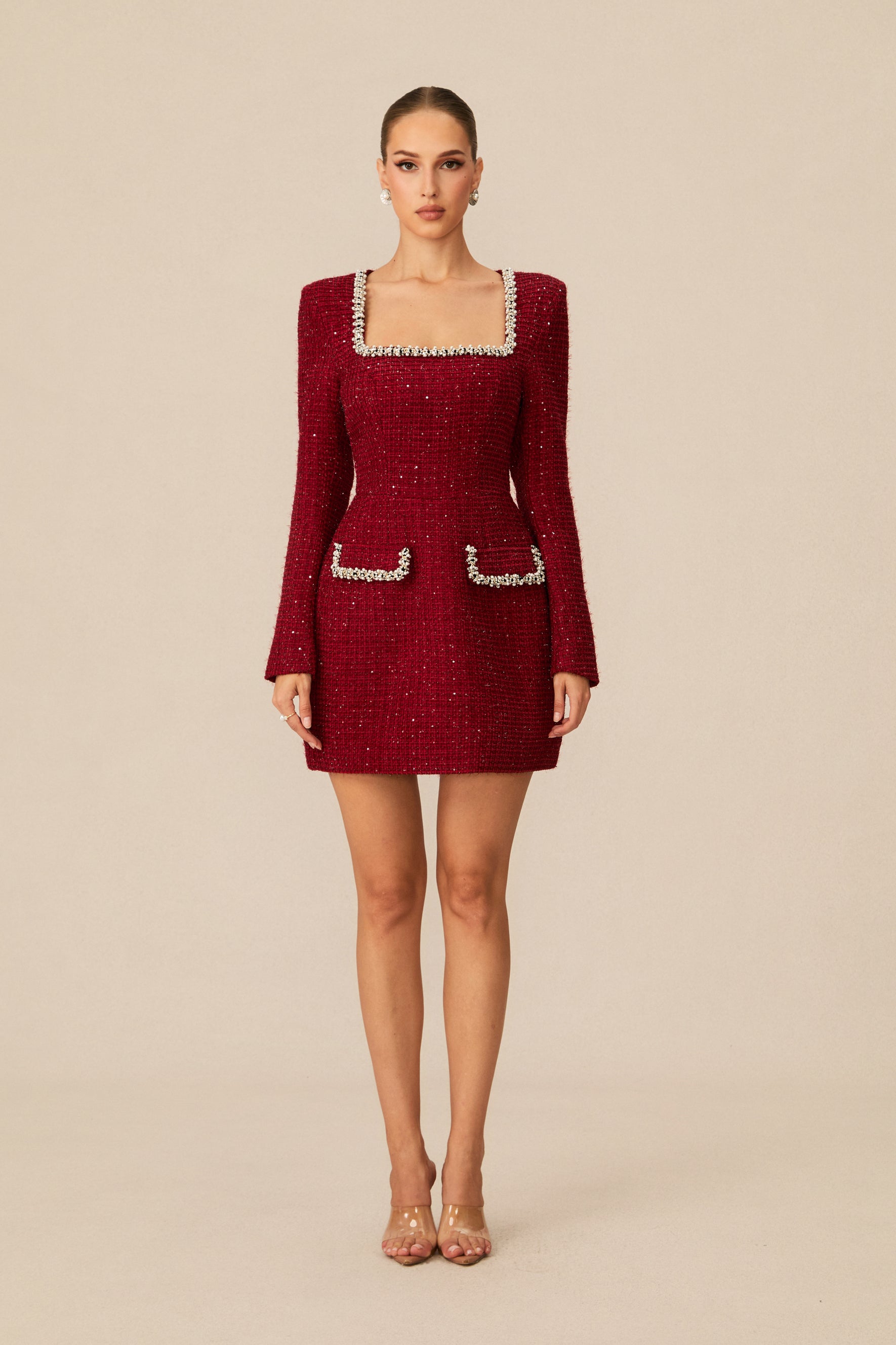 Isabela Tweed Mini Dress With Pearl Trim - Red