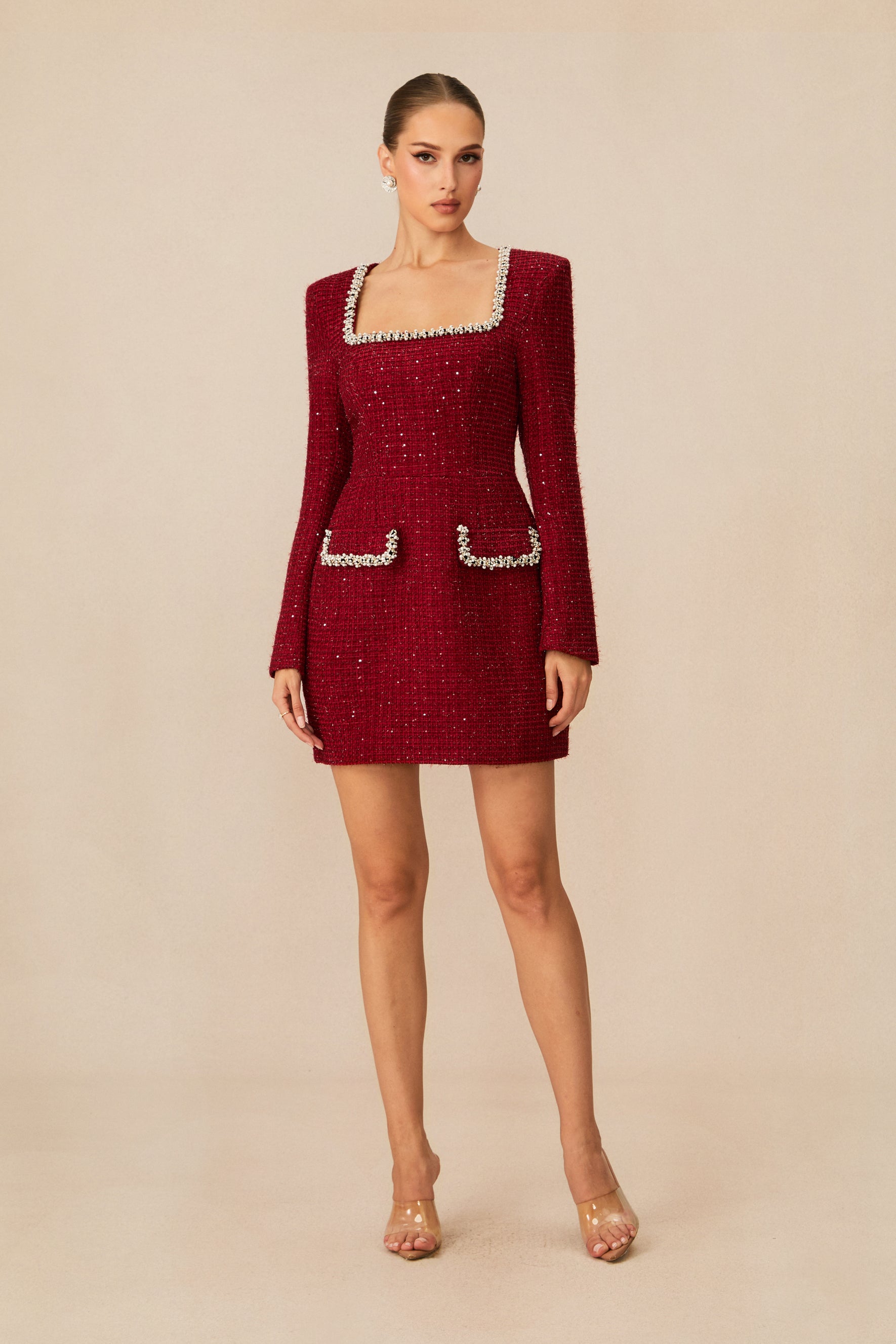 Isabela Tweed Mini Dress With Pearl Trim - Red