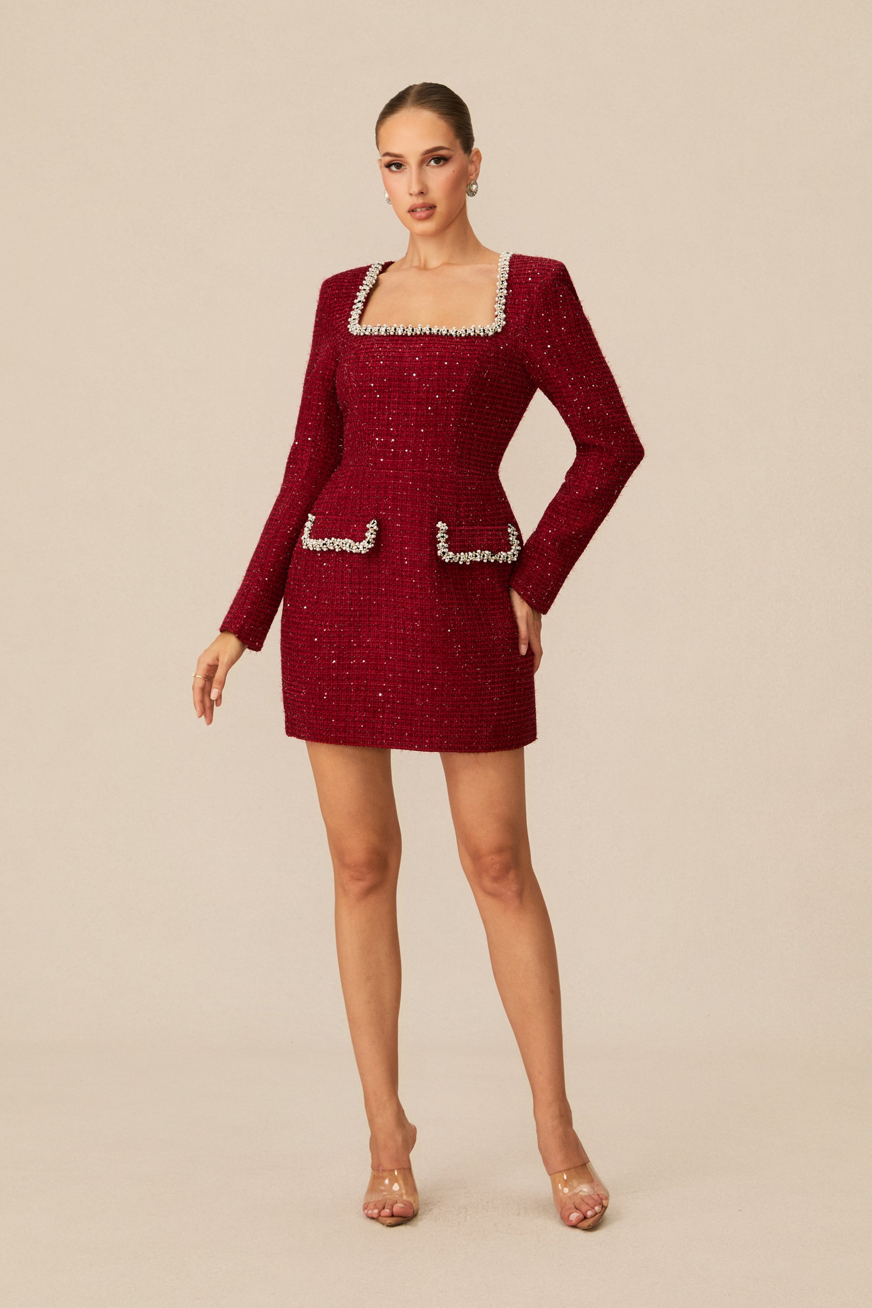 Isabela Tweed Mini Dress With Pearl Trim - Red