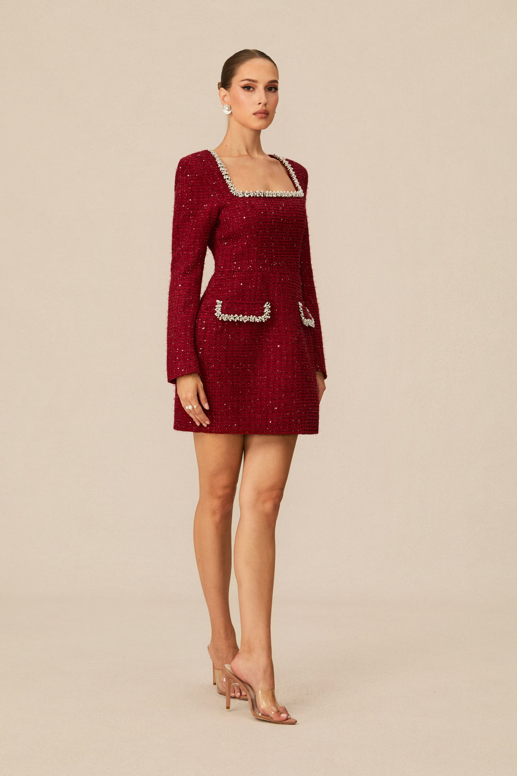 Isabela Tweed Mini Dress With Pearl Trim - Red