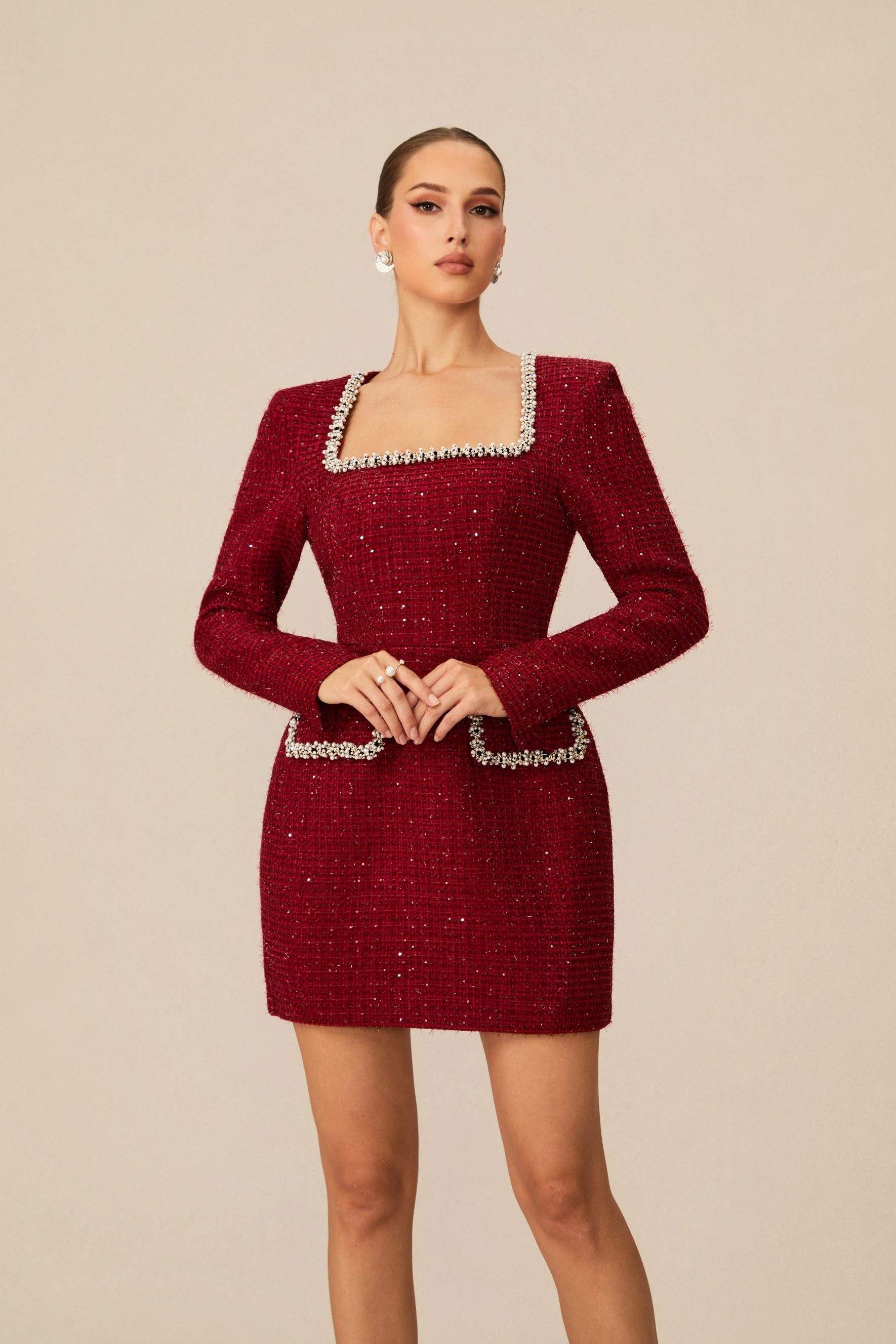Isabela Tweed Mini Dress With Pearl Trim - Red