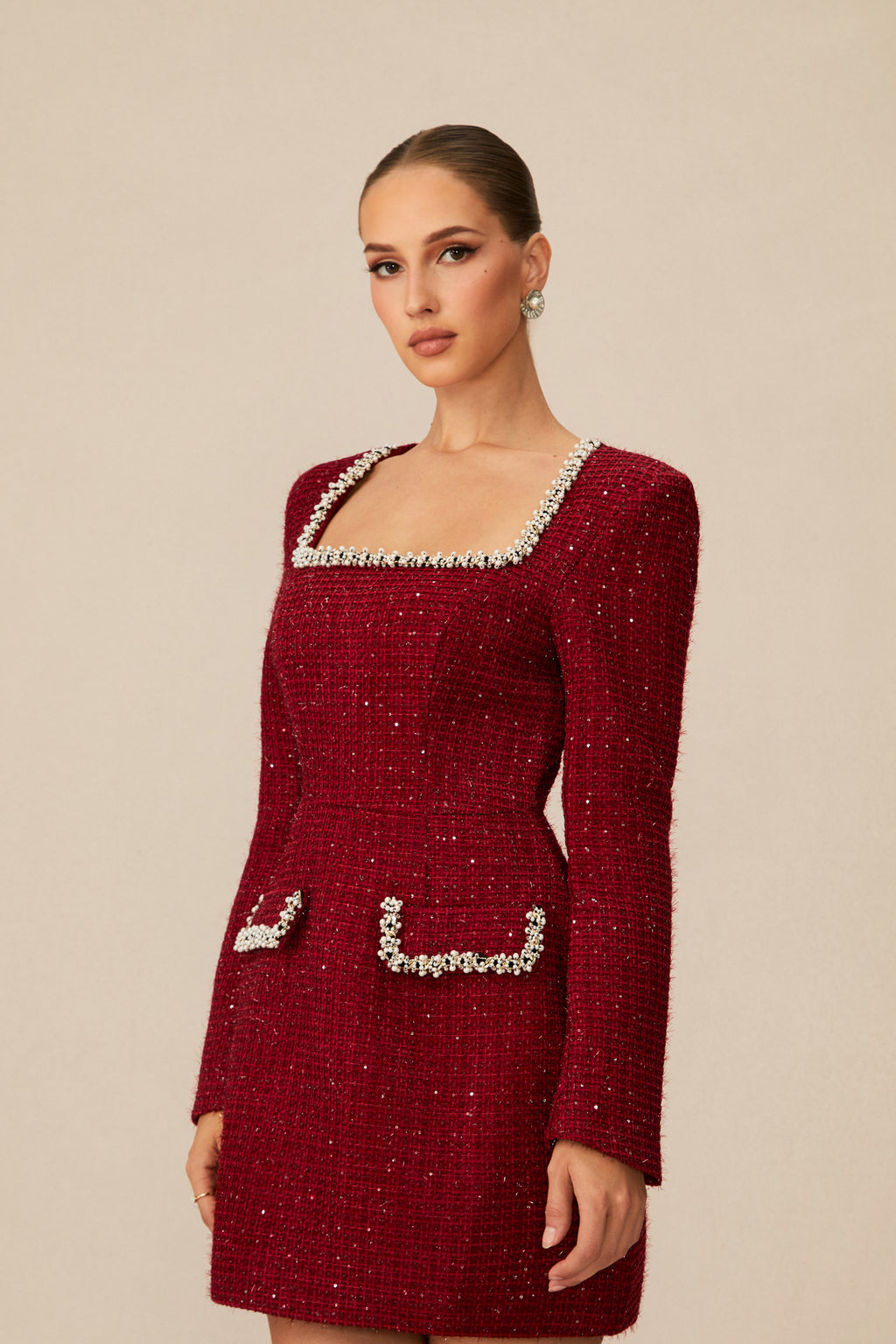 Isabela Tweed Mini Dress With Pearl Trim - Red