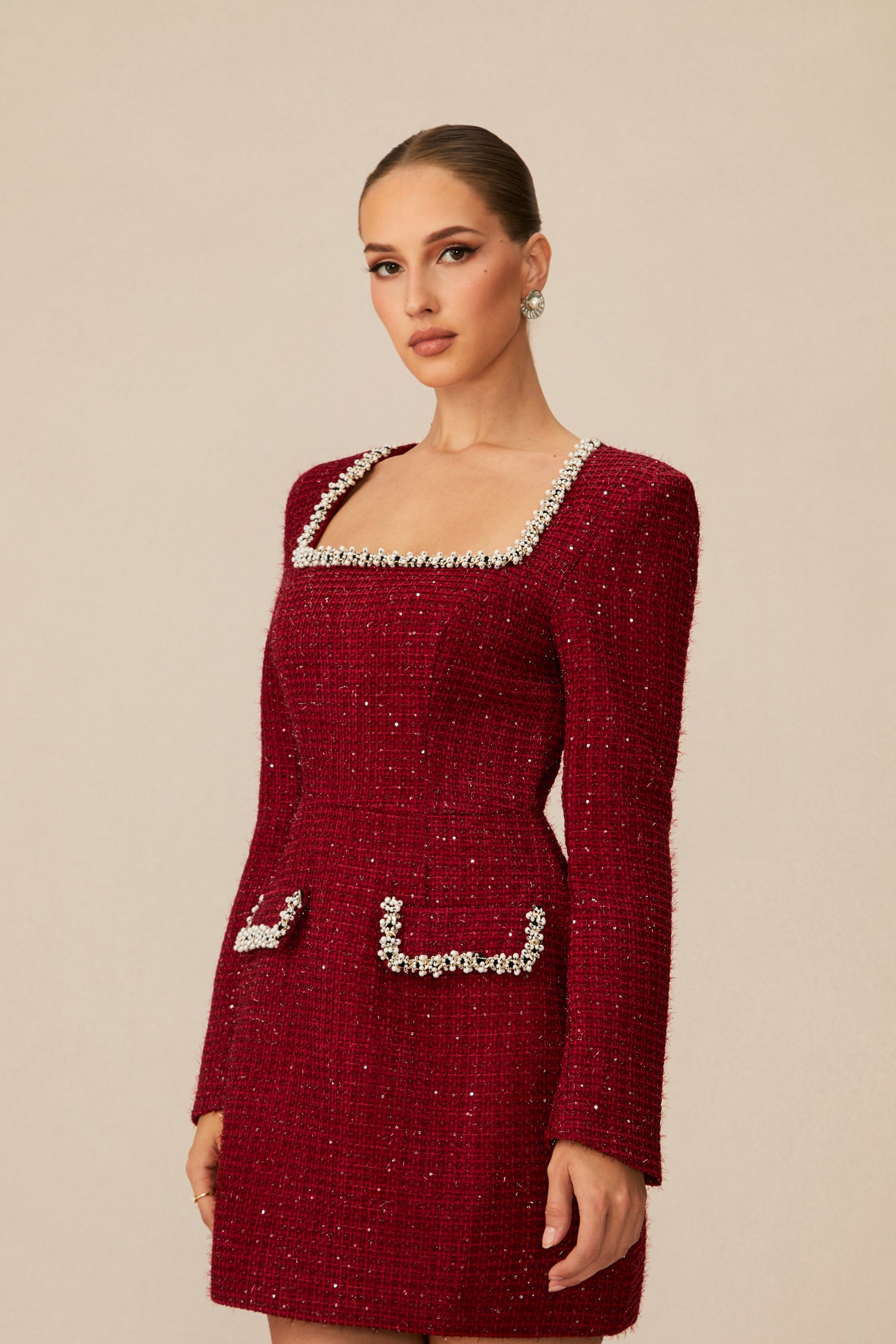 Isabela Tweed Mini Dress With Pearl Trim - Red