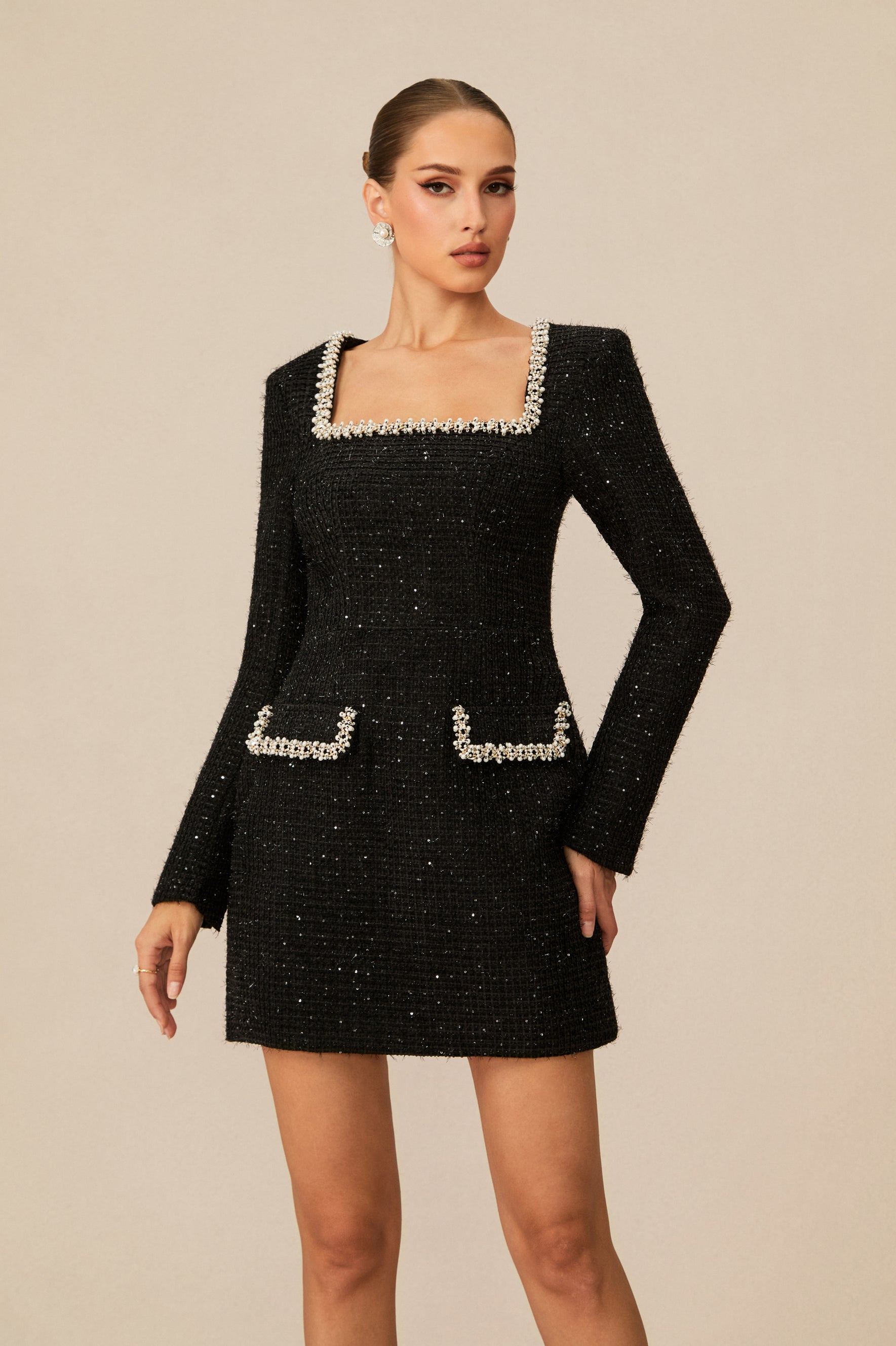 Isabela Tweed Mini Dress With Pearl Trim - Black