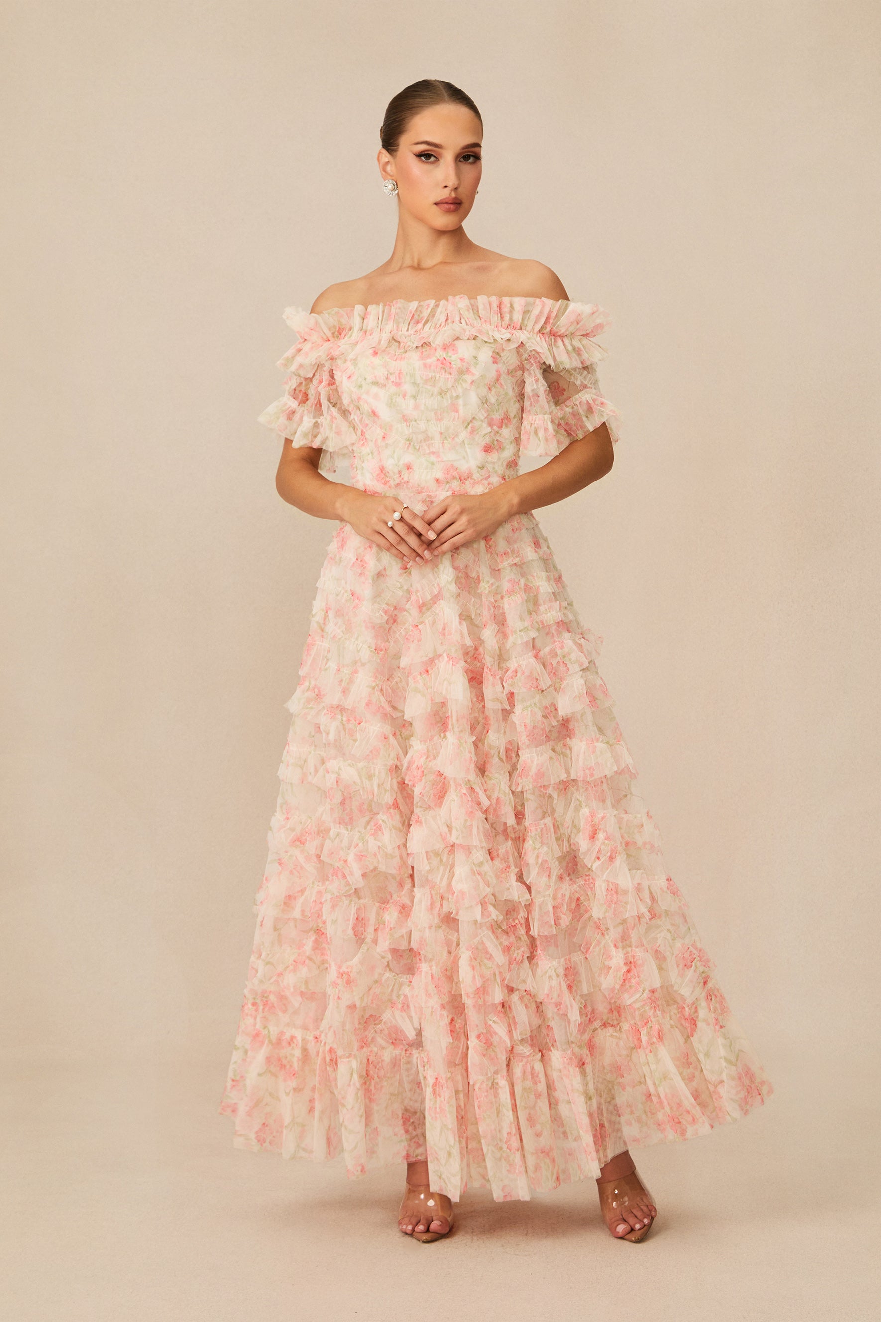 Romantic Dreamer Pink Floral Print Off Shoulder Maxi Dress