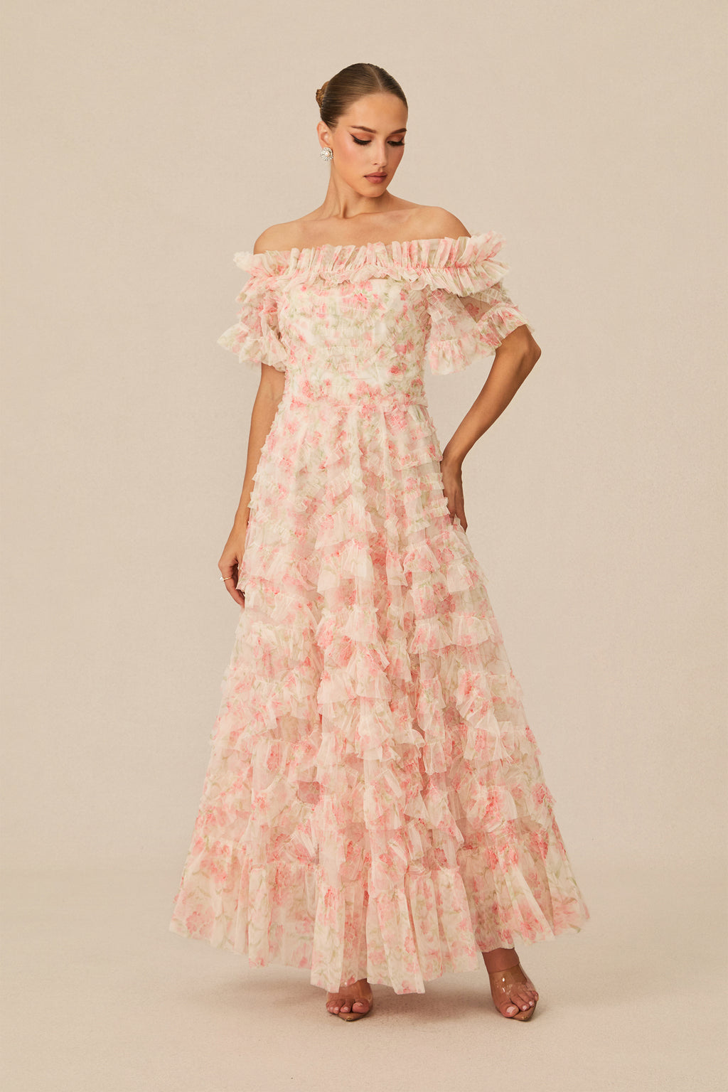 Romantic Dreamer Pink Floral Print Off Shoulder Maxi Dress