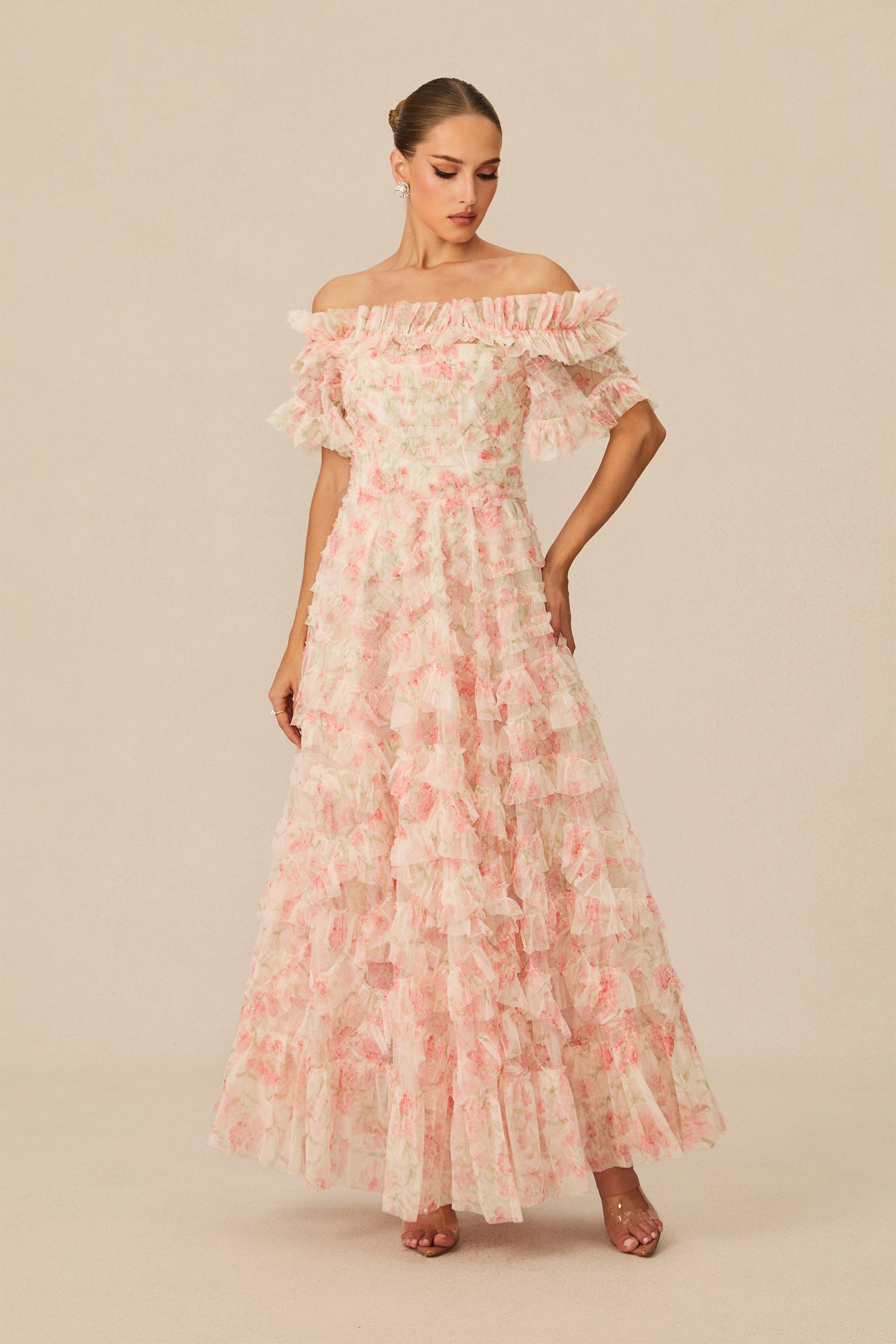 Romantic Dreamer Pink Floral Print Off Shoulder Maxi Dress