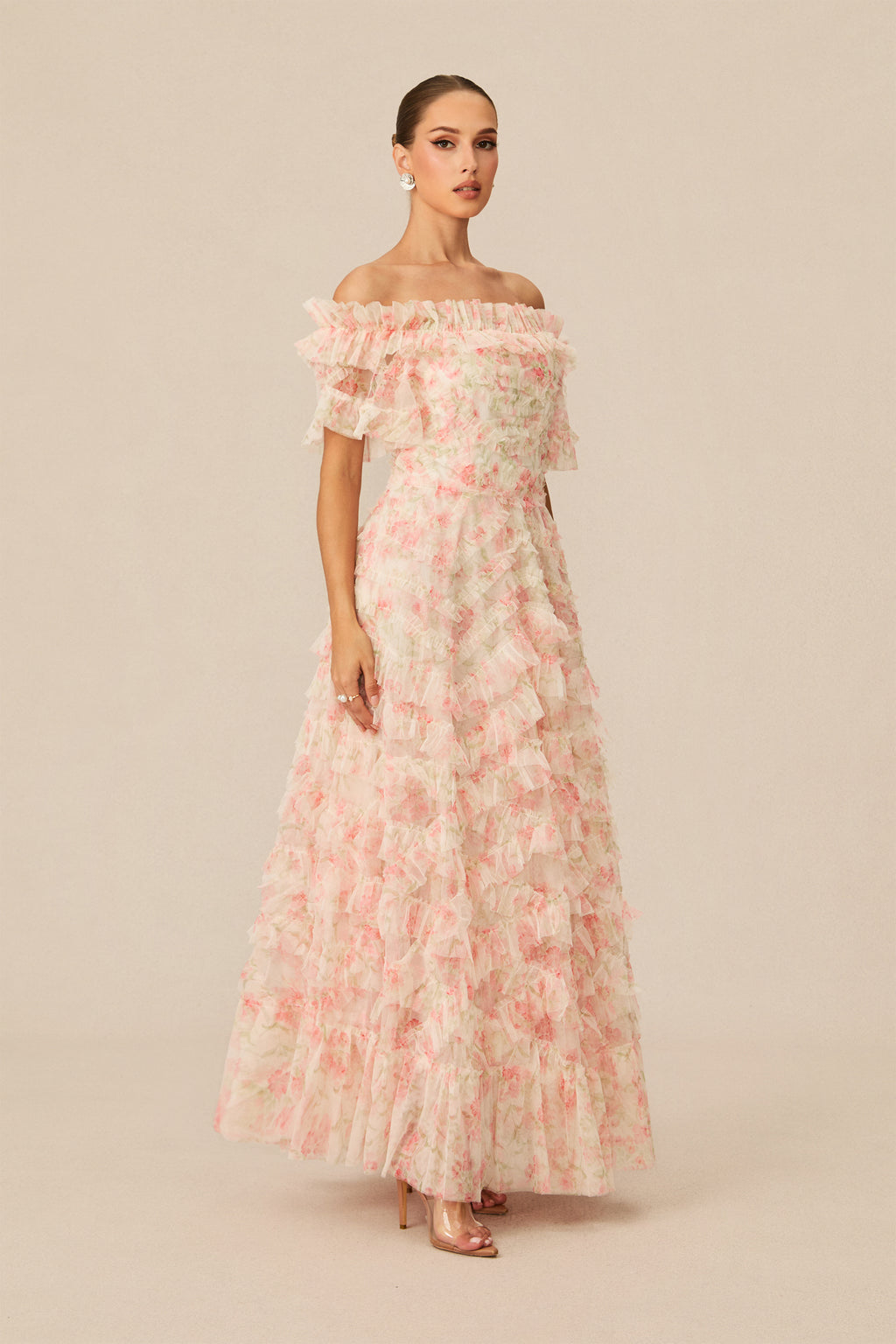 Romantic Dreamer Pink Floral Print Off Shoulder Maxi Dress