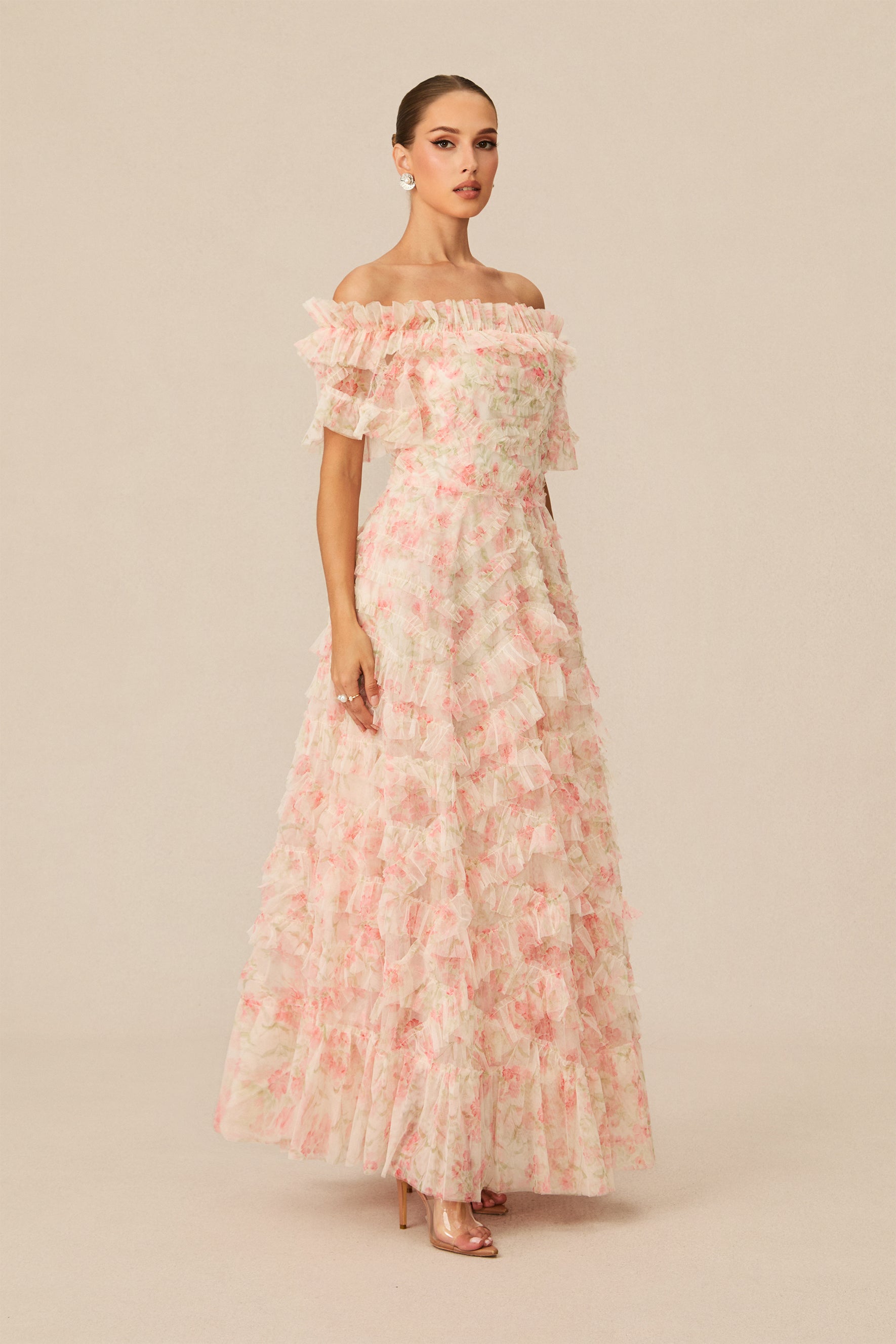 Romantic Dreamer Pink Floral Print Off Shoulder Maxi Dress