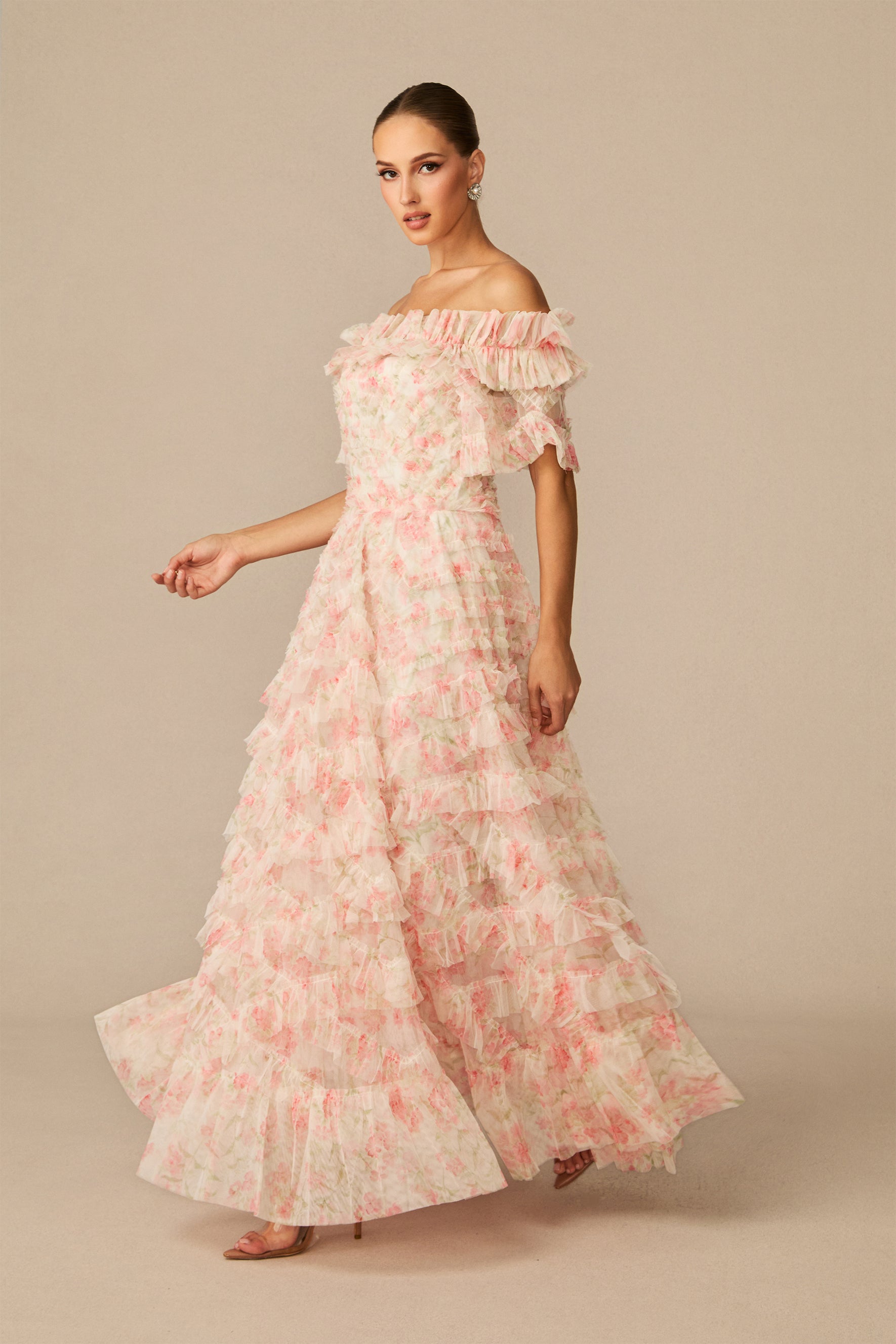 Romantic Dreamer Pink Floral Print Off Shoulder Maxi Dress