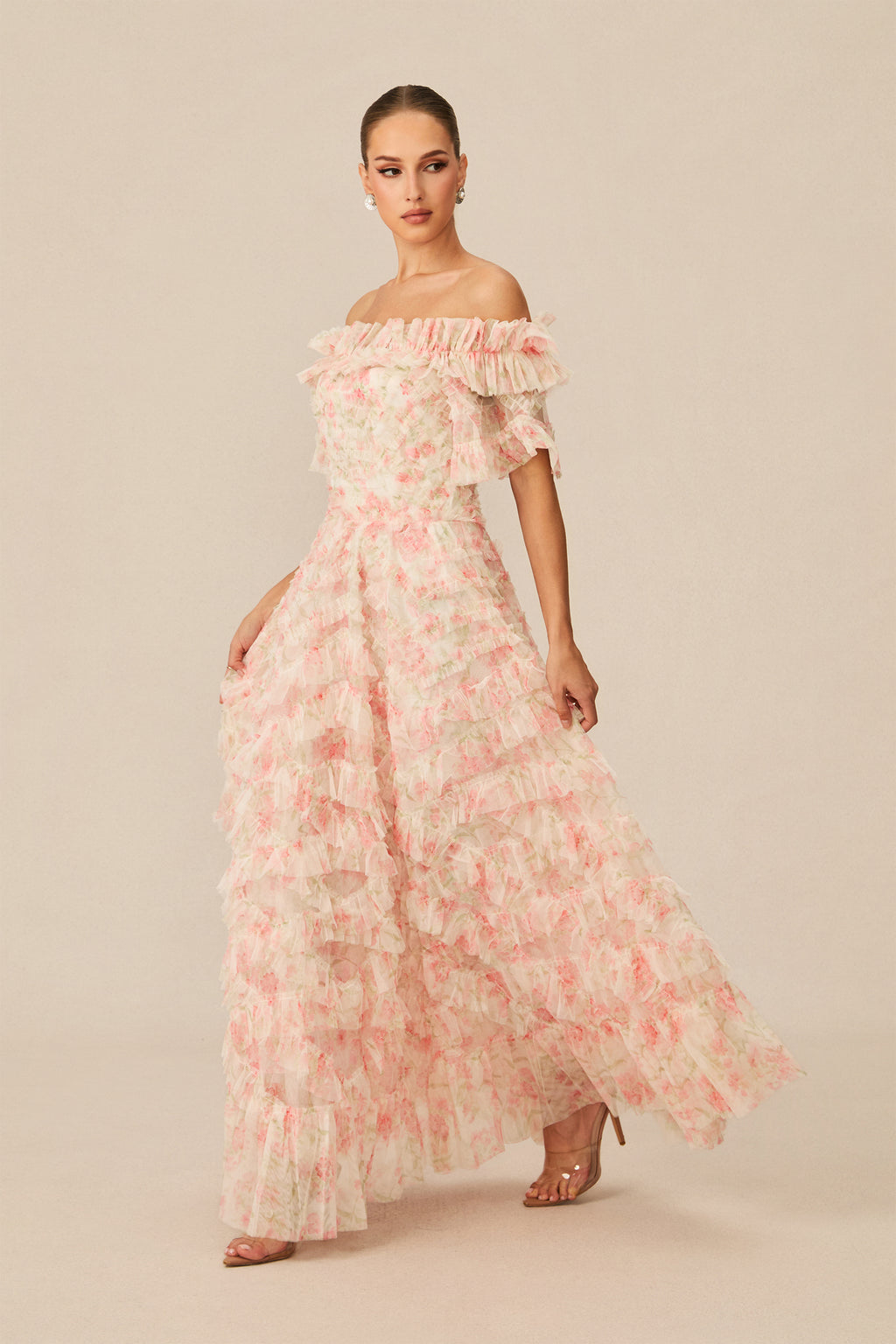 Romantic Dreamer Pink Floral Print Off Shoulder Maxi Dress
