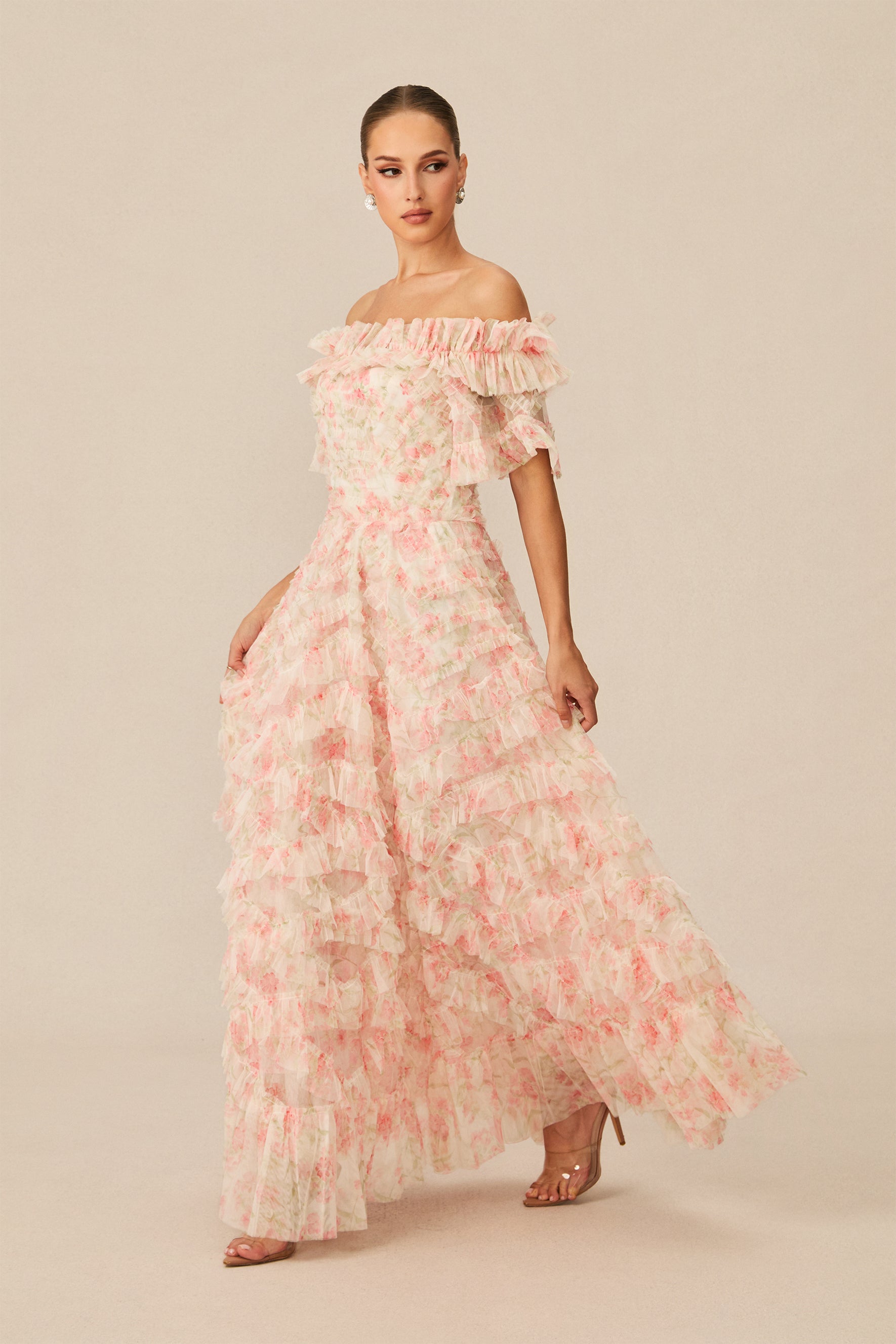 Romantic Dreamer Pink Floral Print Off Shoulder Maxi Dress