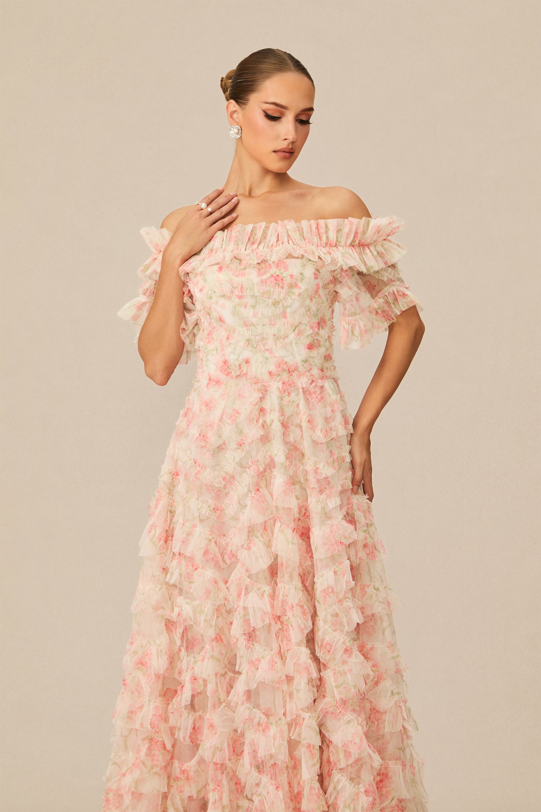 Romantic Dreamer Pink Floral Print Off Shoulder Maxi Dress