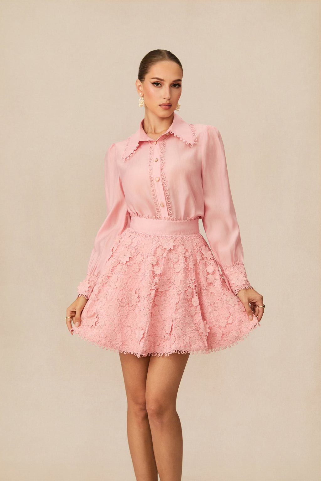 Blossom Elegance Pink Floral Lace Shirt & Skirt Set
