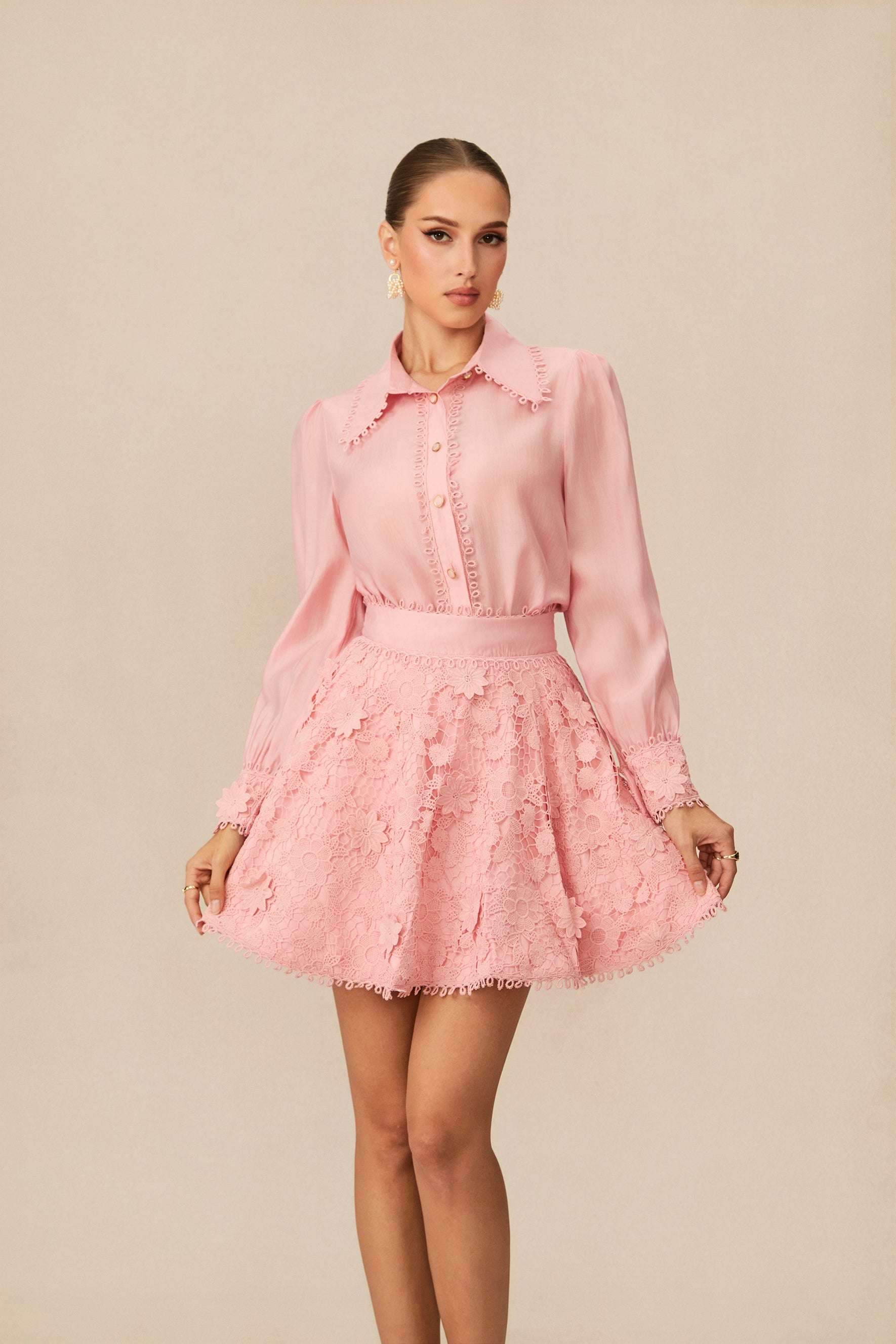 Blossom Elegance Pink Floral Lace Shirt & Skirt Set