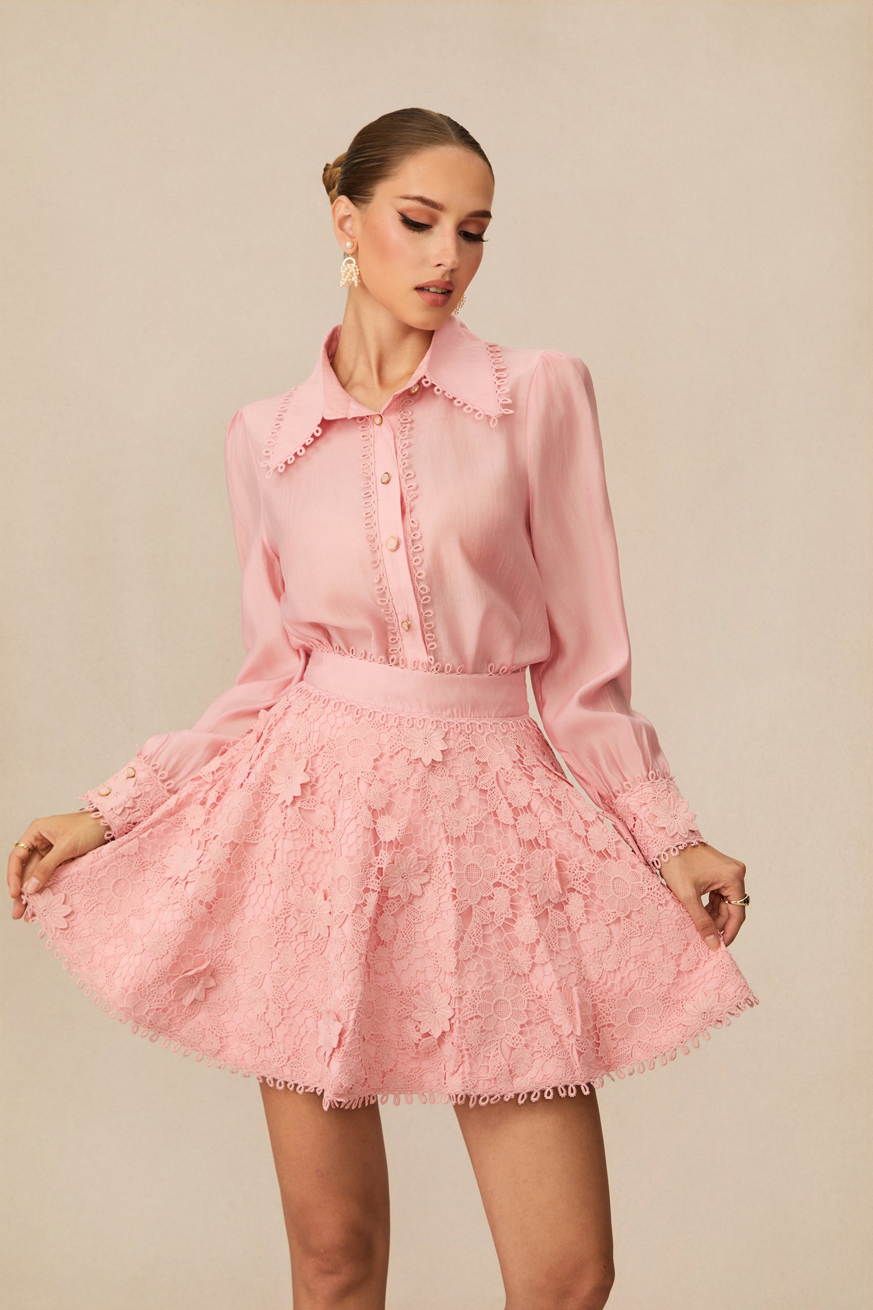 Blossom Elegance Pink Floral Lace Shirt & Skirt Set