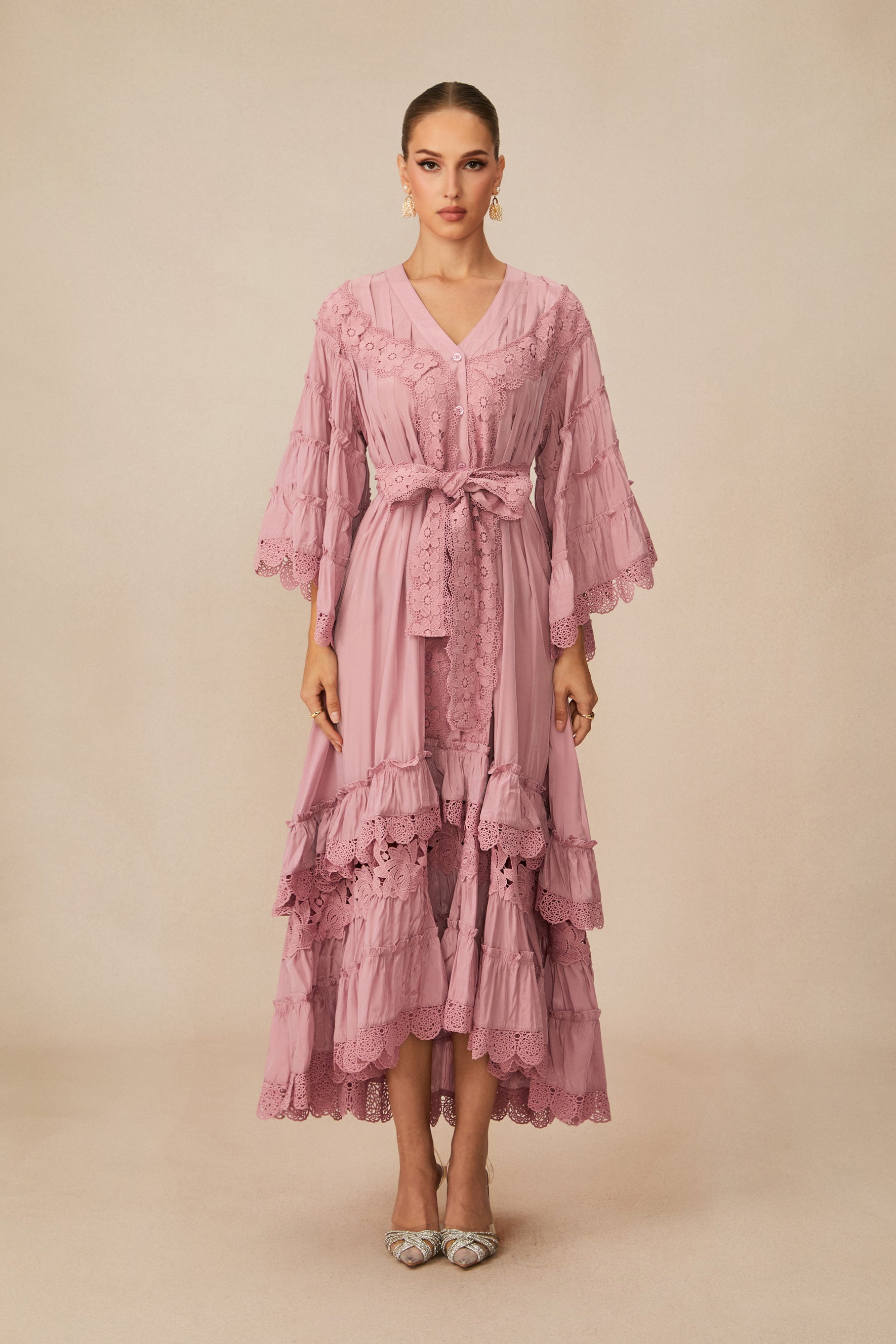 Essence of Elegance Pink Floral Lace Layered Midi Dress