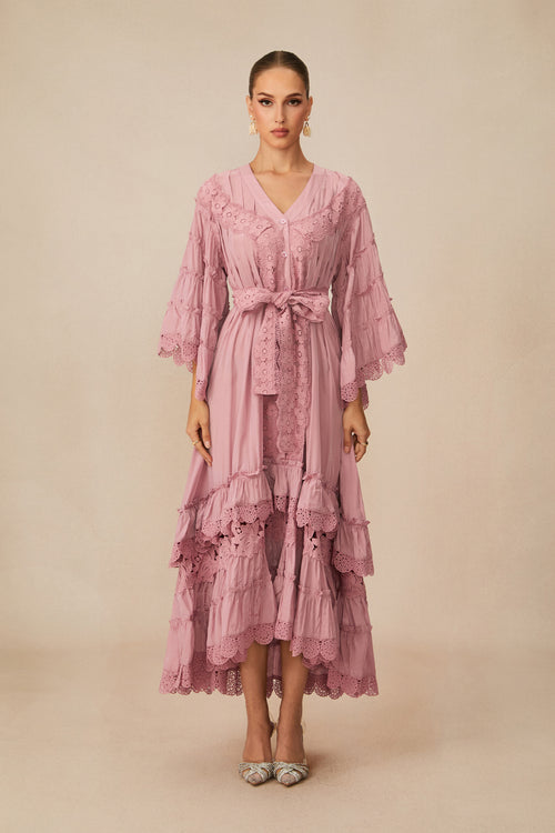 Essence of Elegance Pink Floral Lace Layered Midi Dress