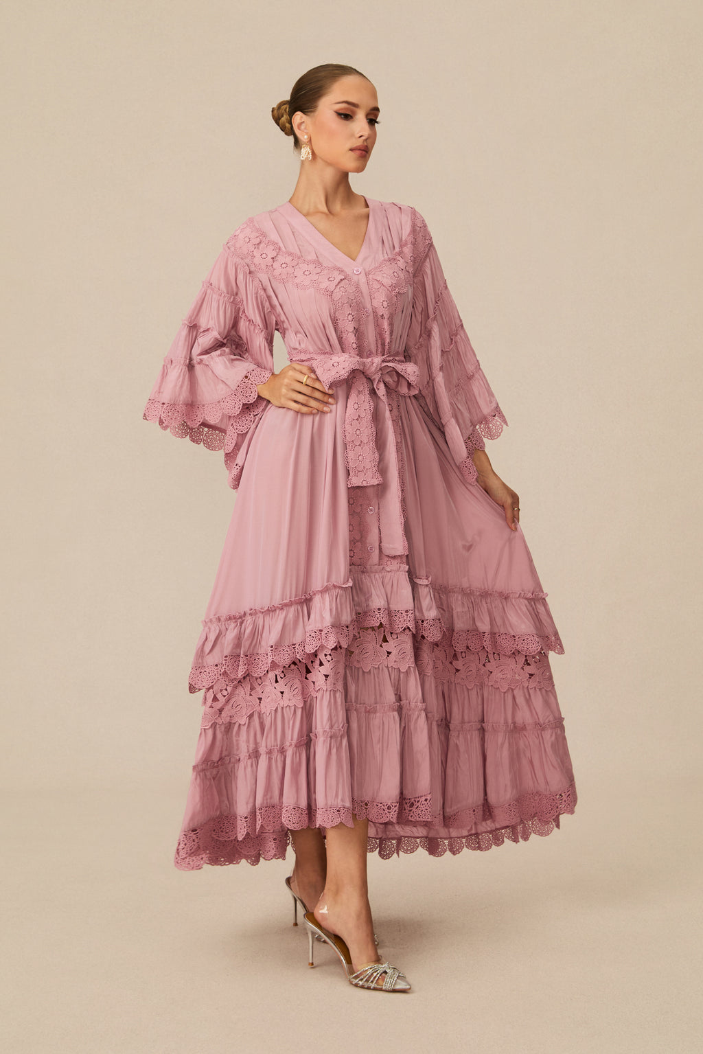 Essence of Elegance Pink Floral Lace Layered Midi Dress