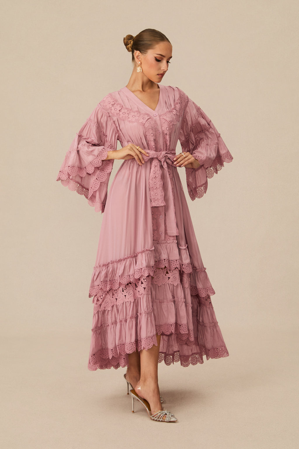 Essence of Elegance Pink Floral Lace Layered Midi Dress