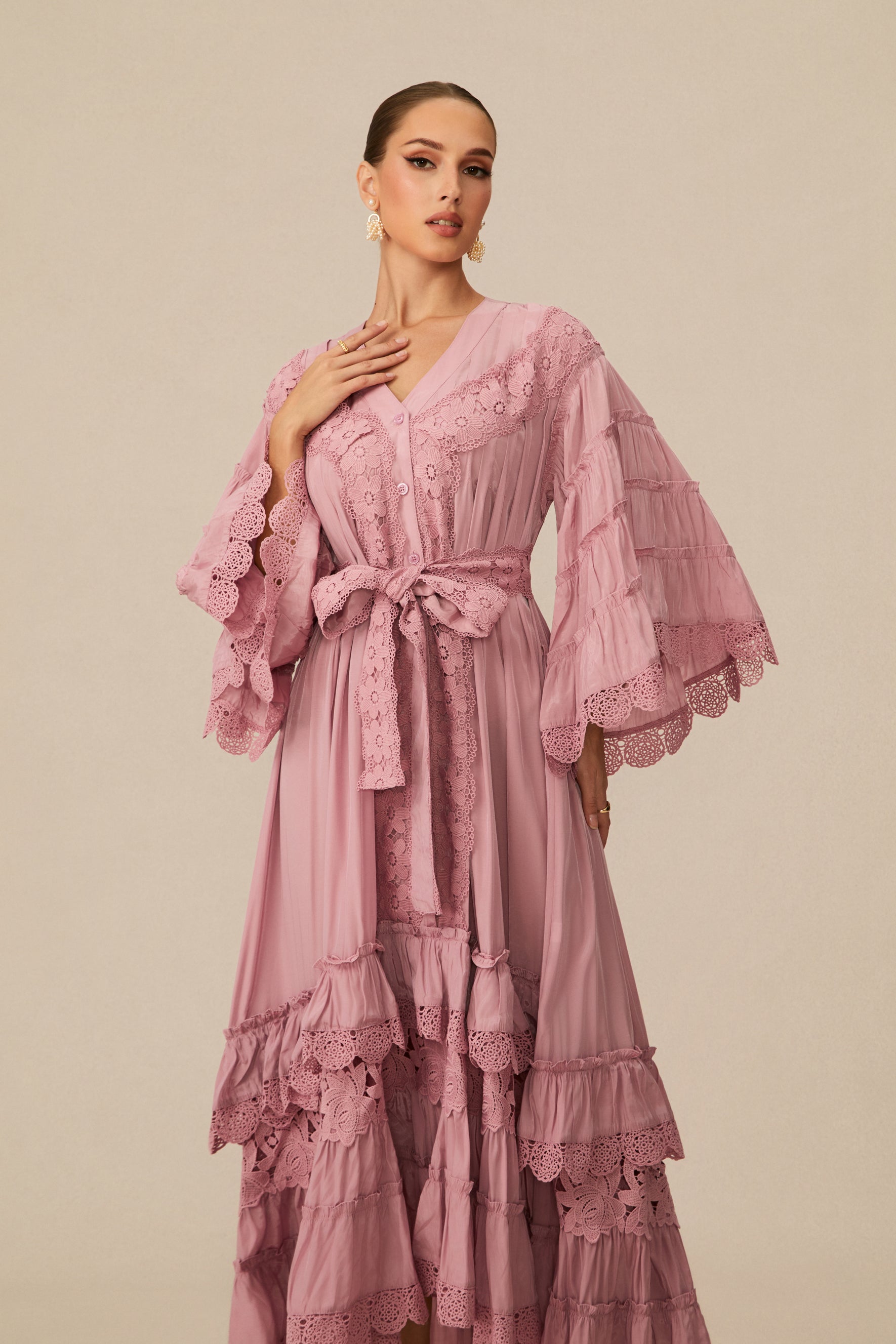 Essence of Elegance Pink Floral Lace Layered Midi Dress